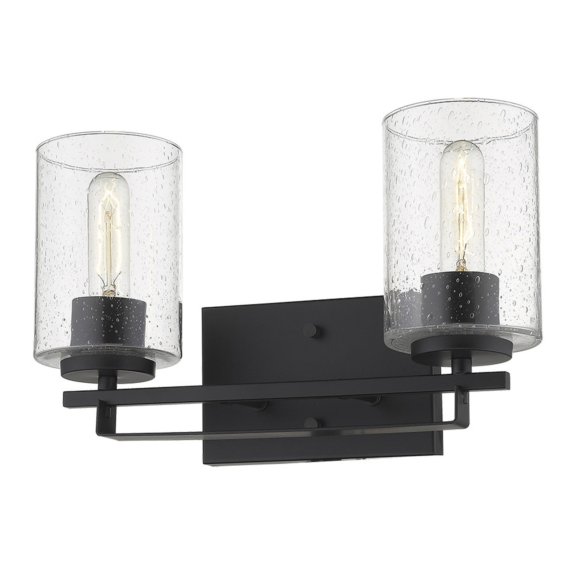 Bottom up angle view of lighted Black metal and textured raindrop glass two-light wall sconce with modern design for bathroom, hallway, or living room.
