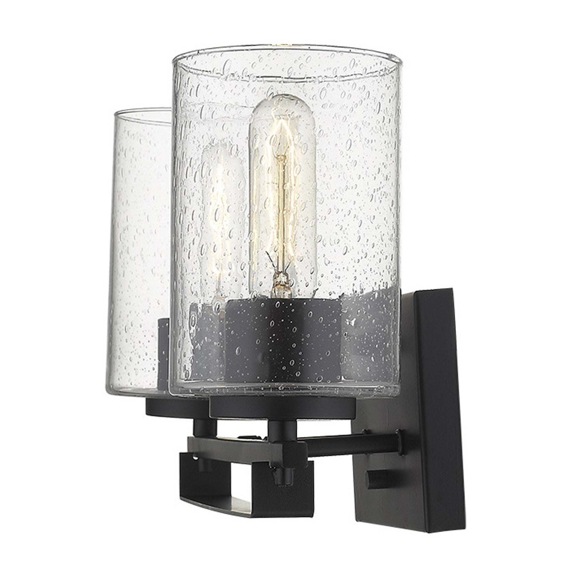 Side view of lighted Black metal and textured raindrop glass two-light wall sconce with modern design for bathroom, hallway, or living room.
