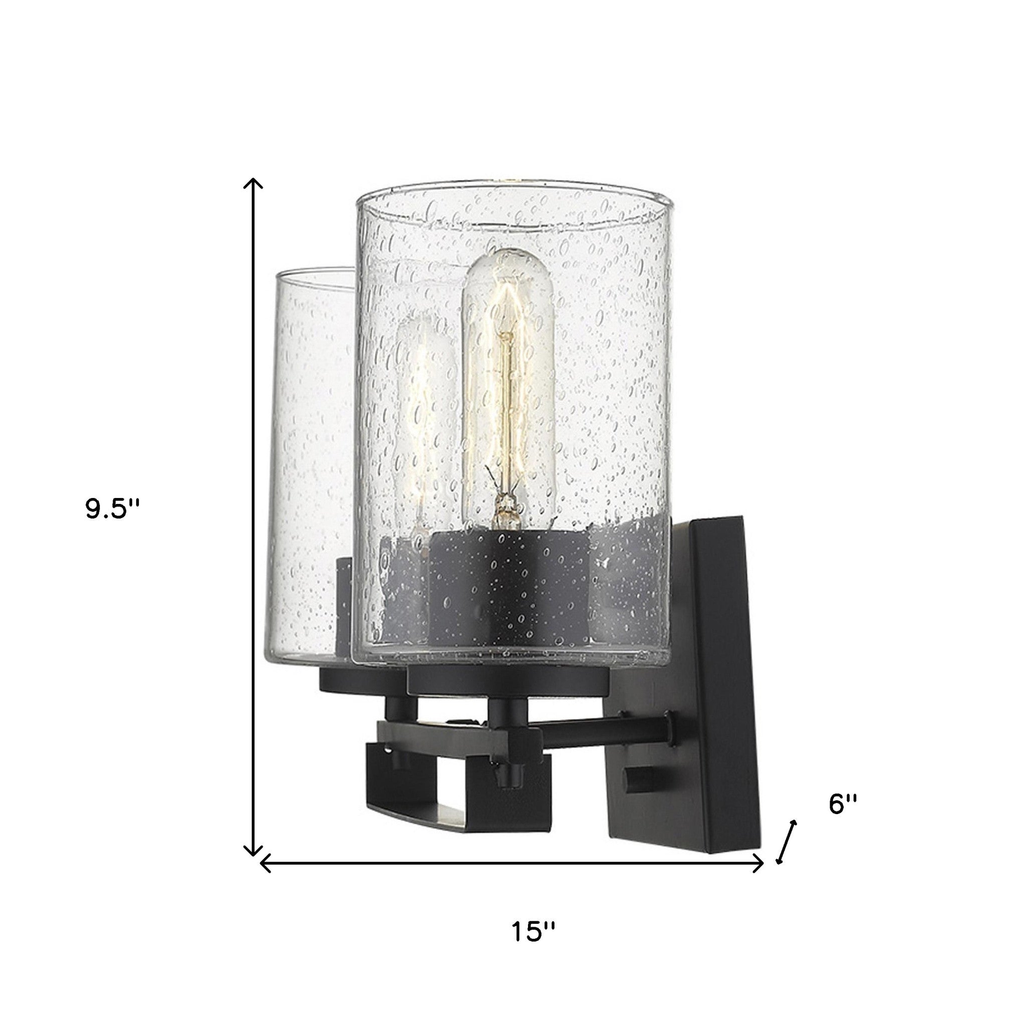 Black metal and textured raindrop glass two-light wall sconce with modern design for bathroom, hallway, or living room shown with dimensions of 9 point 5 inches high by 15 inches wide by 6 inches deep