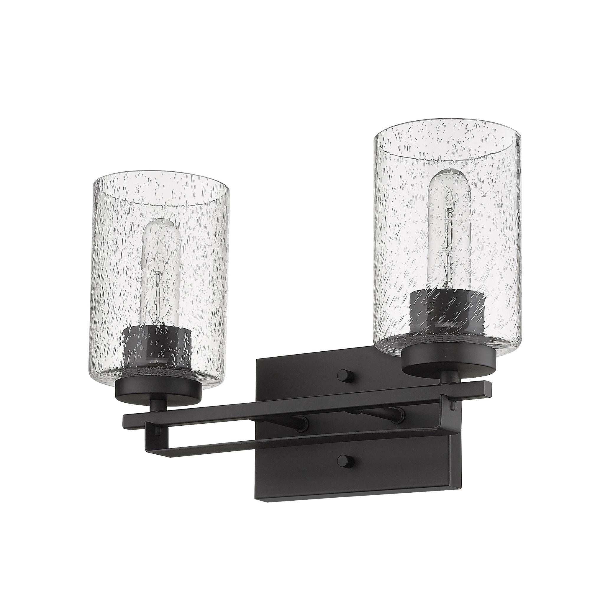 Right side bottom up view of the Bronze metal two-light wall sconce with textured glass shades for modern bathroom vanity or hallway lighting – 15” wide.