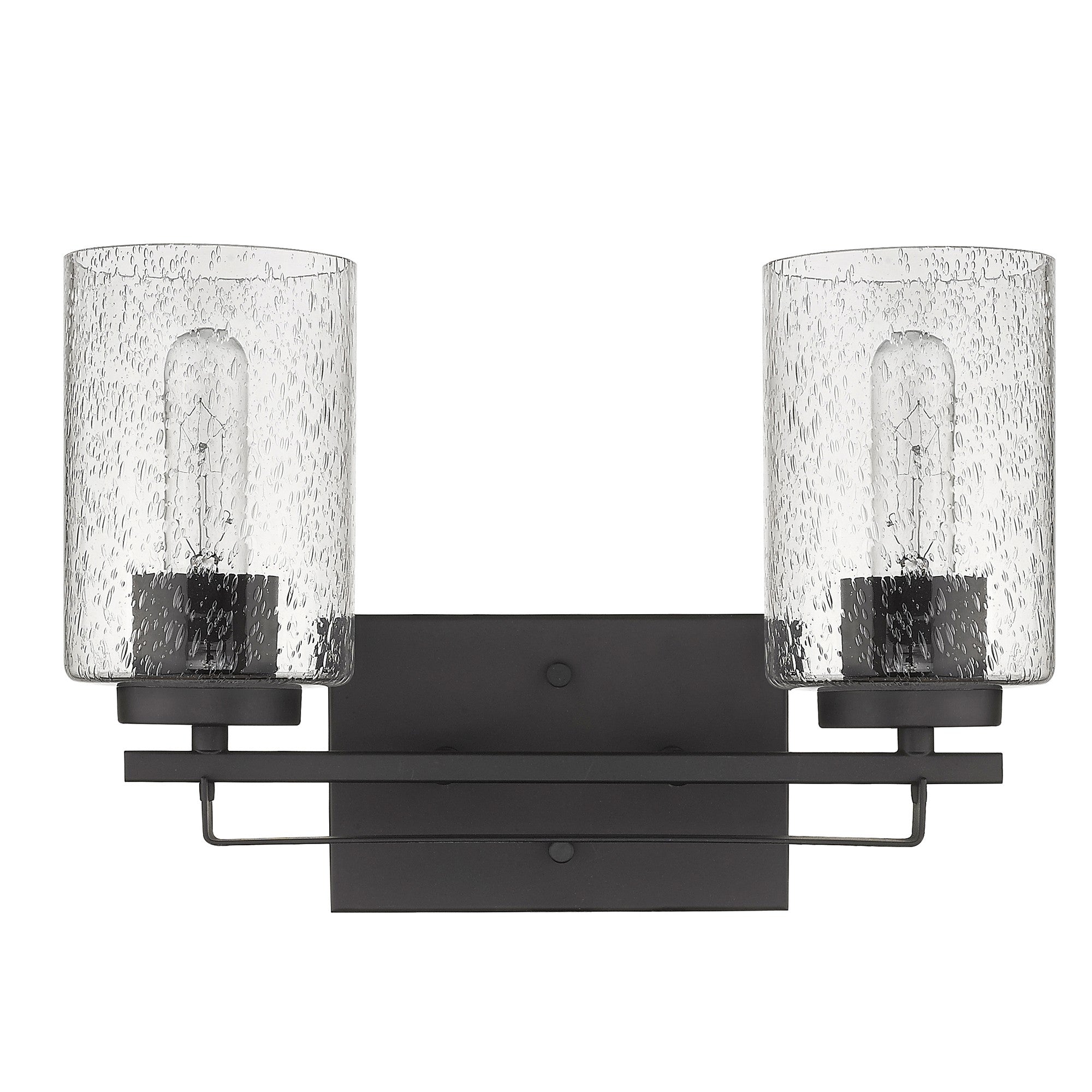 Front view of Bronze metal two-light wall sconce with textured glass shades for modern bathroom vanity or hallway lighting – 15” wide.