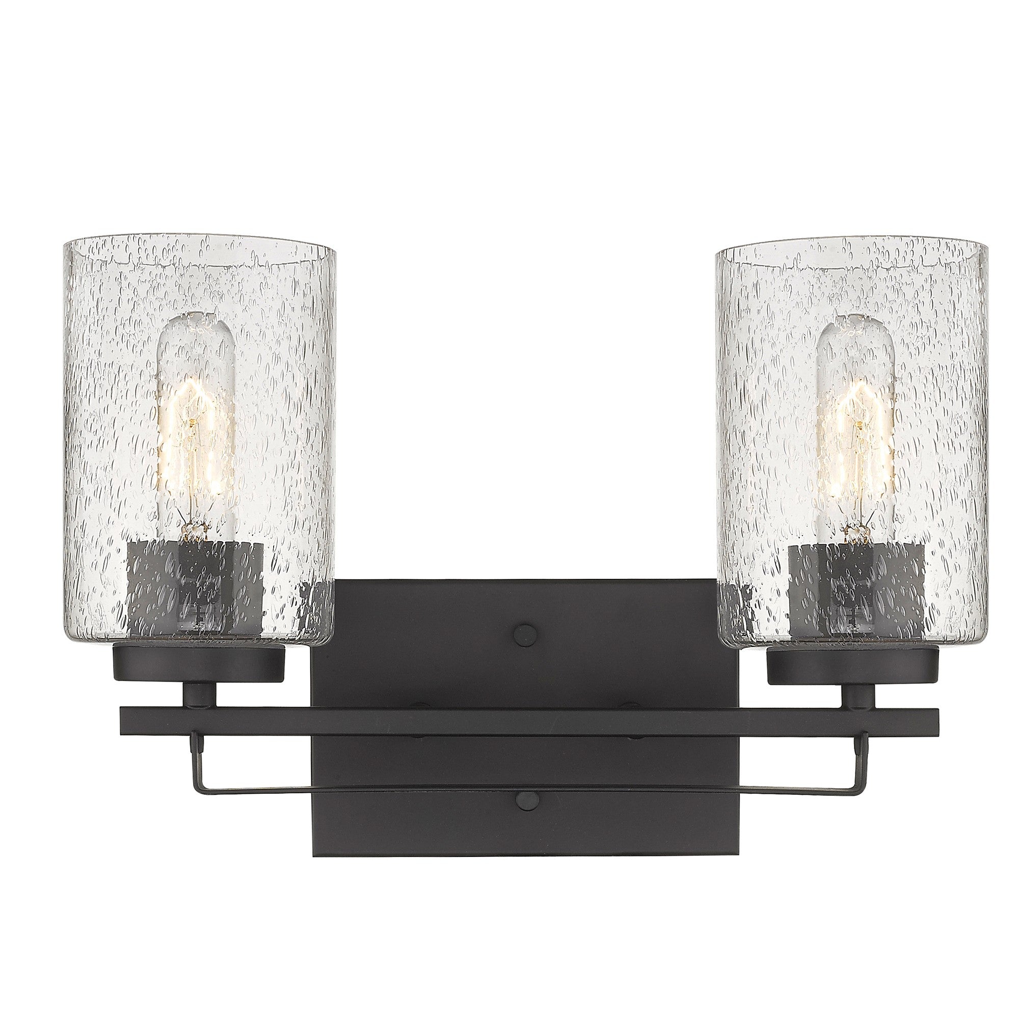 Front view of lighted Bronze metal two-light wall sconce with textured glass shades for modern bathroom vanity or hallway lighting – 15” wide.