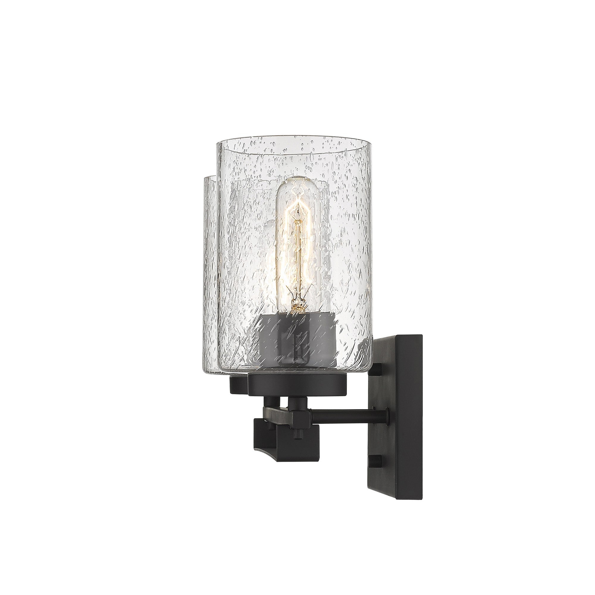 Side view of lighted Bronze metal two-light wall sconce with textured glass shades for modern bathroom vanity or hallway lighting – 15” wide.