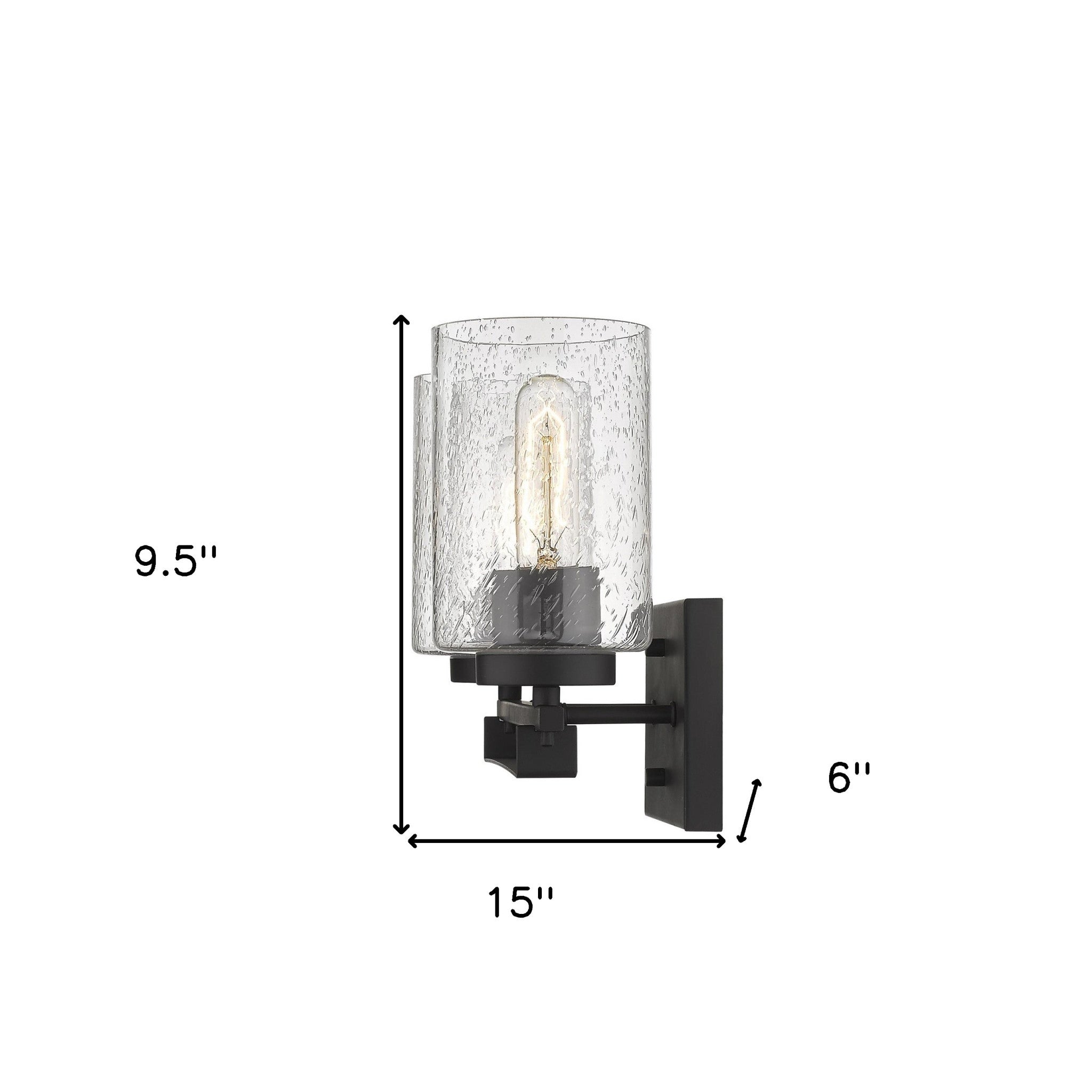 Bronze metal two-light wall sconce with textured glass shades for modern bathroom vanity or hallway lighting shown with dimensions of 9 point 5 inches high by 15 inches wide by 6 inches deep