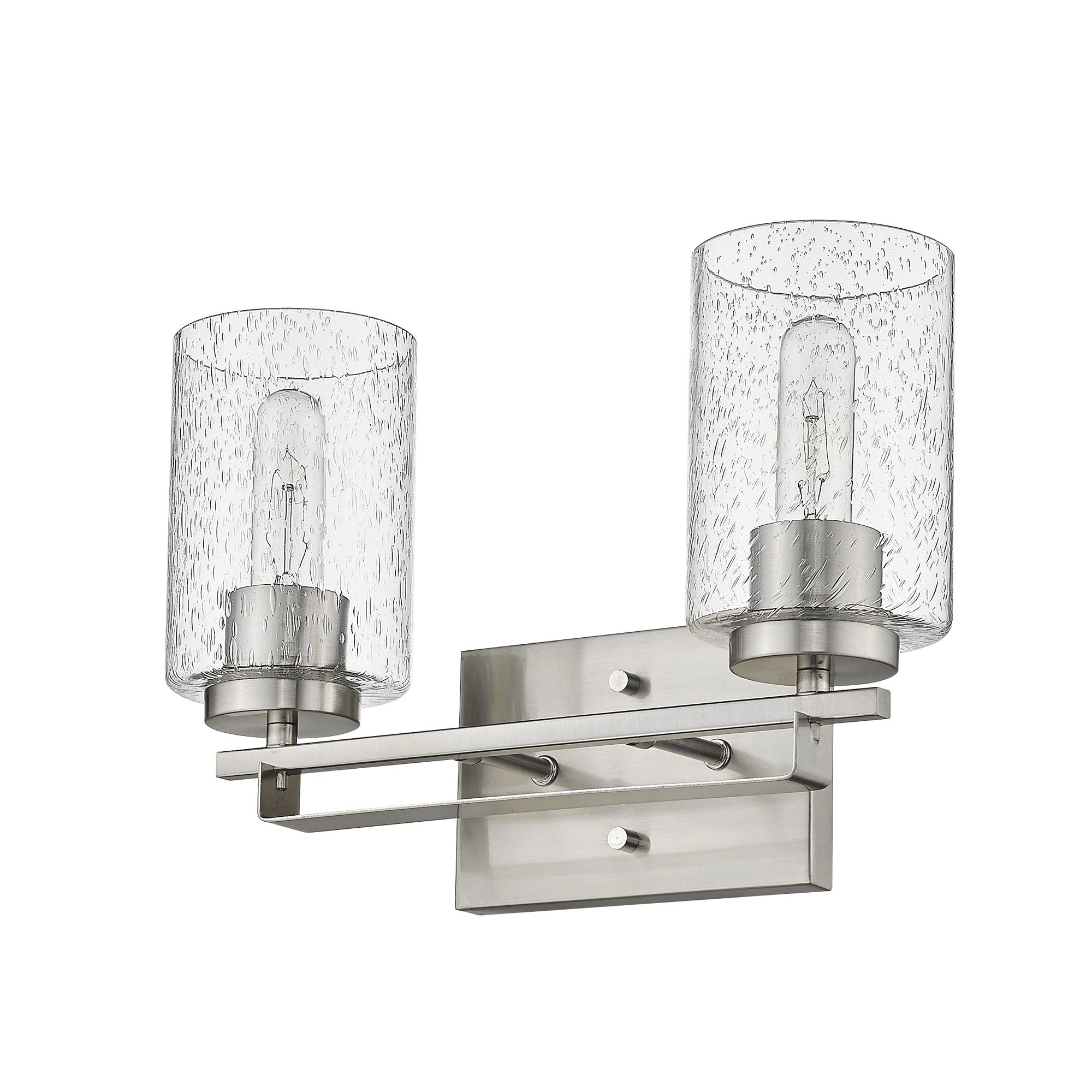 Right side bottom up angle view of Silver metal 2-light wall sconce with raindrop-textured glass shades for modern bathroom, hallway, or living room lighting, 15 inches wide.