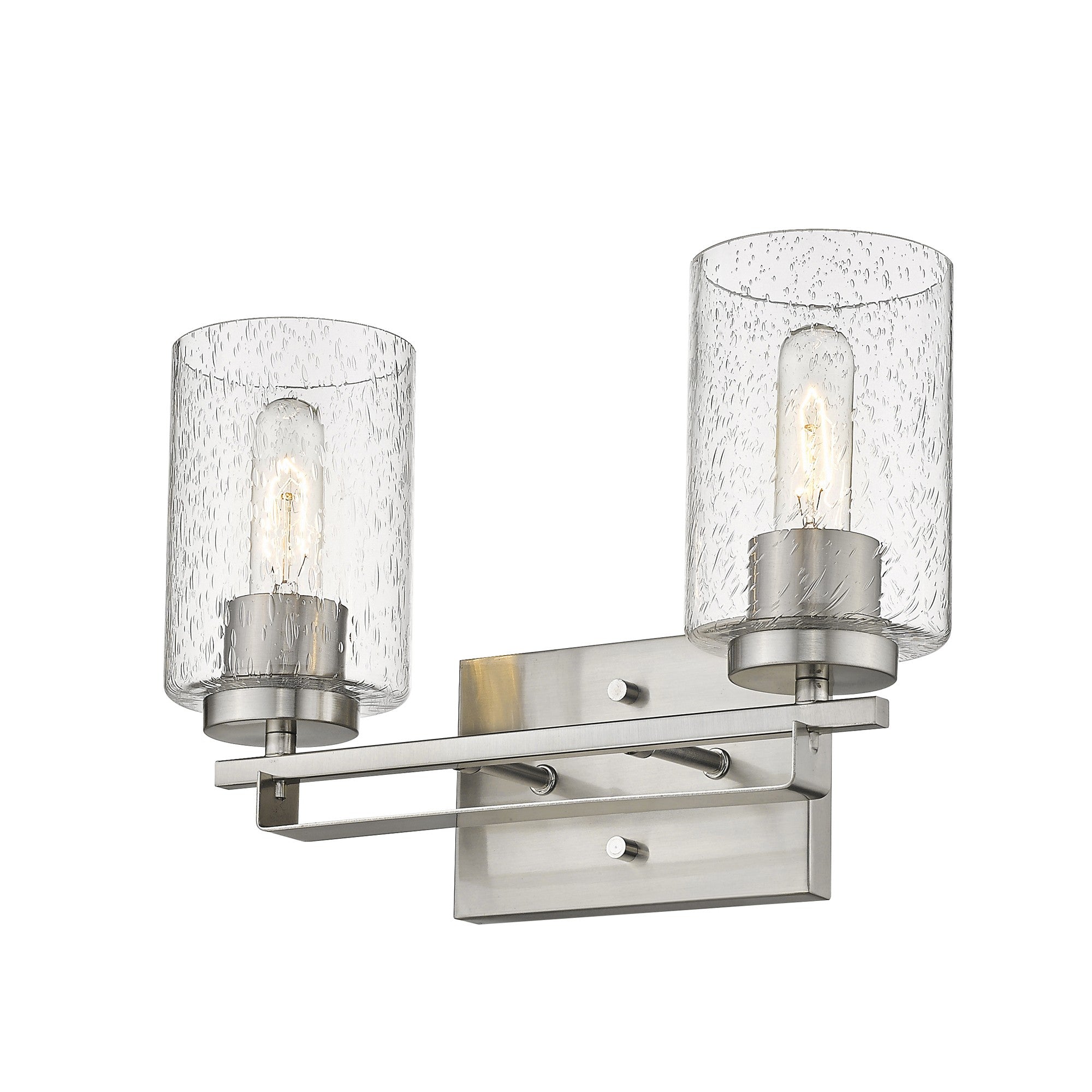 Right side bottom up angle view of lighted Silver metal 2-light wall sconce with raindrop-textured glass shades for modern bathroom, hallway, or living room lighting, 15 inches wide.