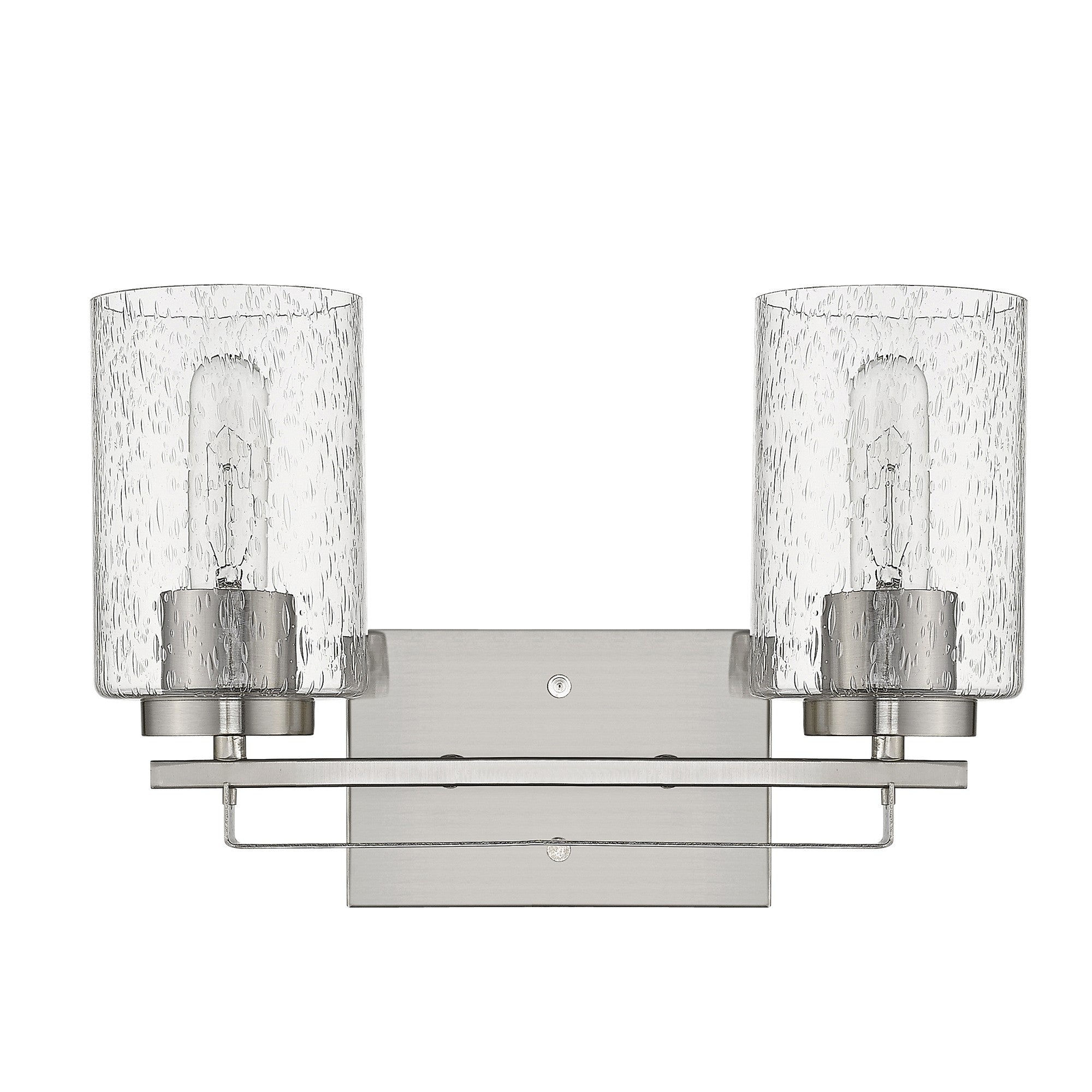 Front view of the Silver metal 2-light wall sconce with raindrop-textured glass shades for modern bathroom, hallway, or living room lighting, 15 inches wide.