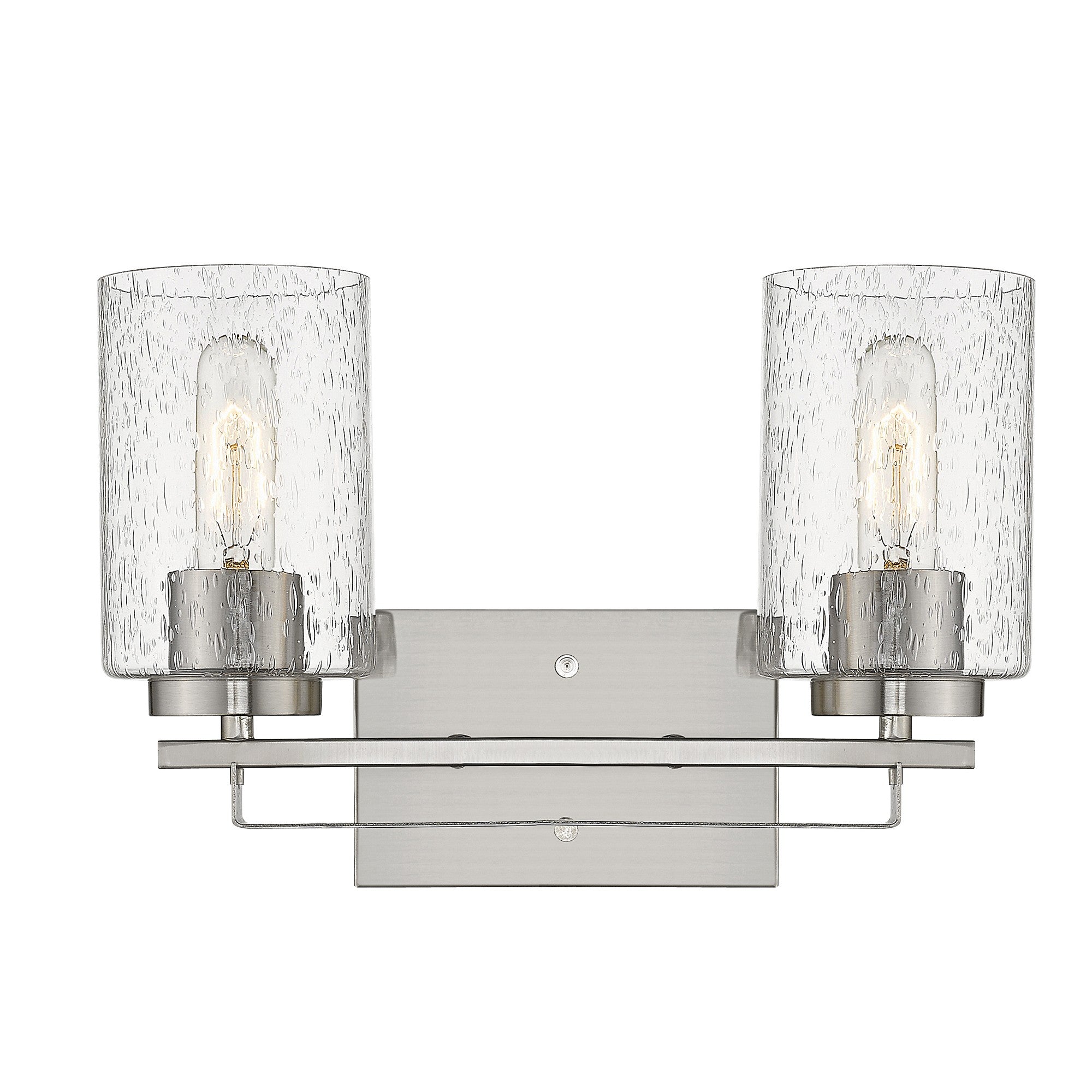 Front view of lighted Silver metal 2-light wall sconce with raindrop-textured glass shades for modern bathroom, hallway, or living room lighting, 15 inches wide.