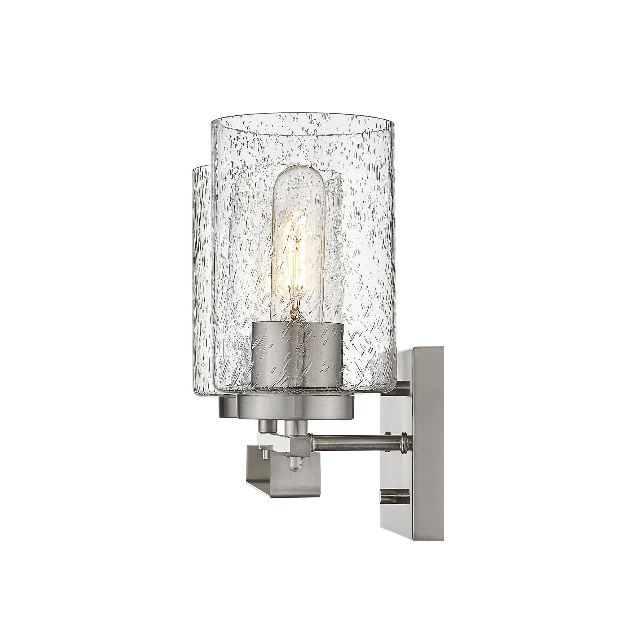Side view of lighted Silver metal 2-light wall sconce with raindrop-textured glass shades for modern bathroom, hallway, or living room lighting, 15 inches wide.