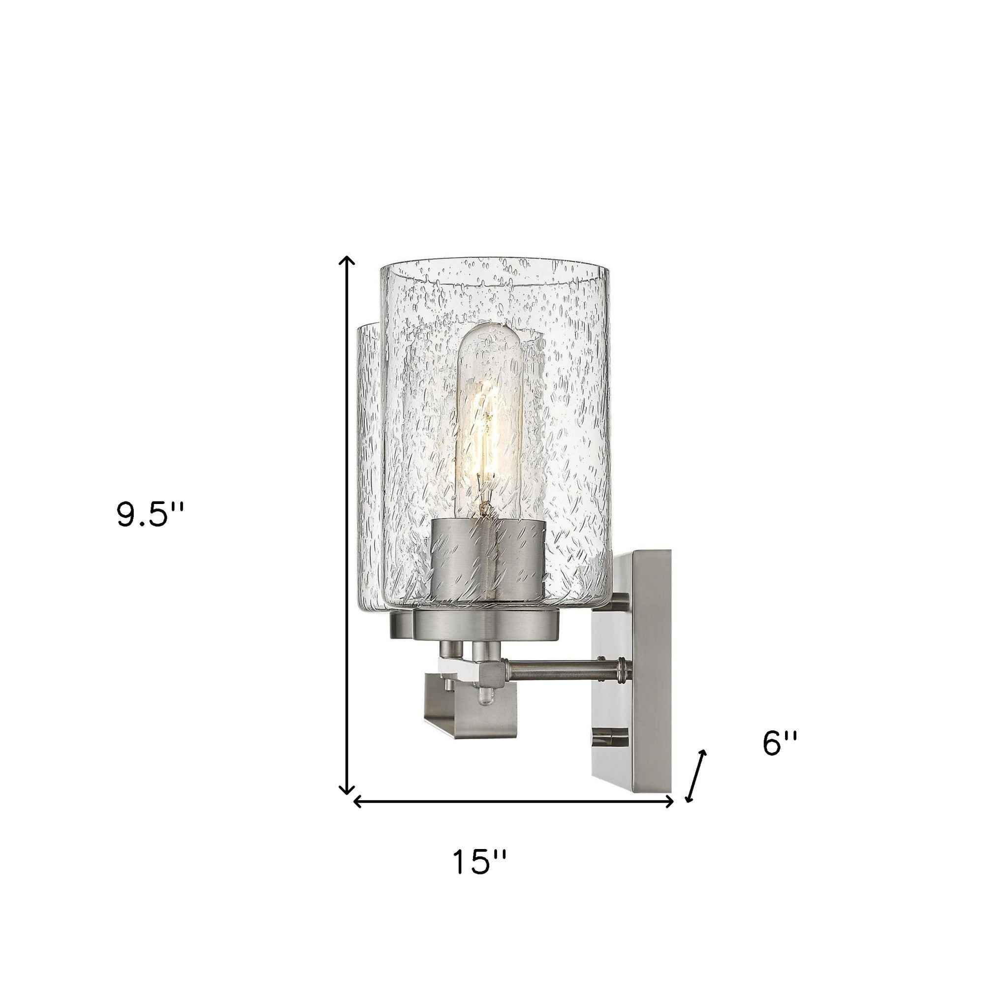 Silver metal 2-light wall sconce with raindrop-textured glass shades for modern bathroom, hallway, or living room lighting shown with dimensions of 9 point 5 inches high by 15 inches wide by 6 inches deep
