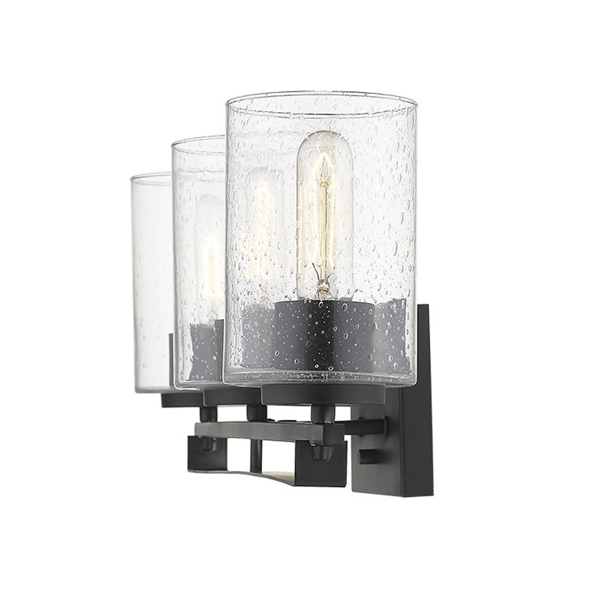 Side view of lighted Black metal 3-light wall sconce with textured glass shades for modern bathroom, hallway, or living room lighting, 24 inches wide.
