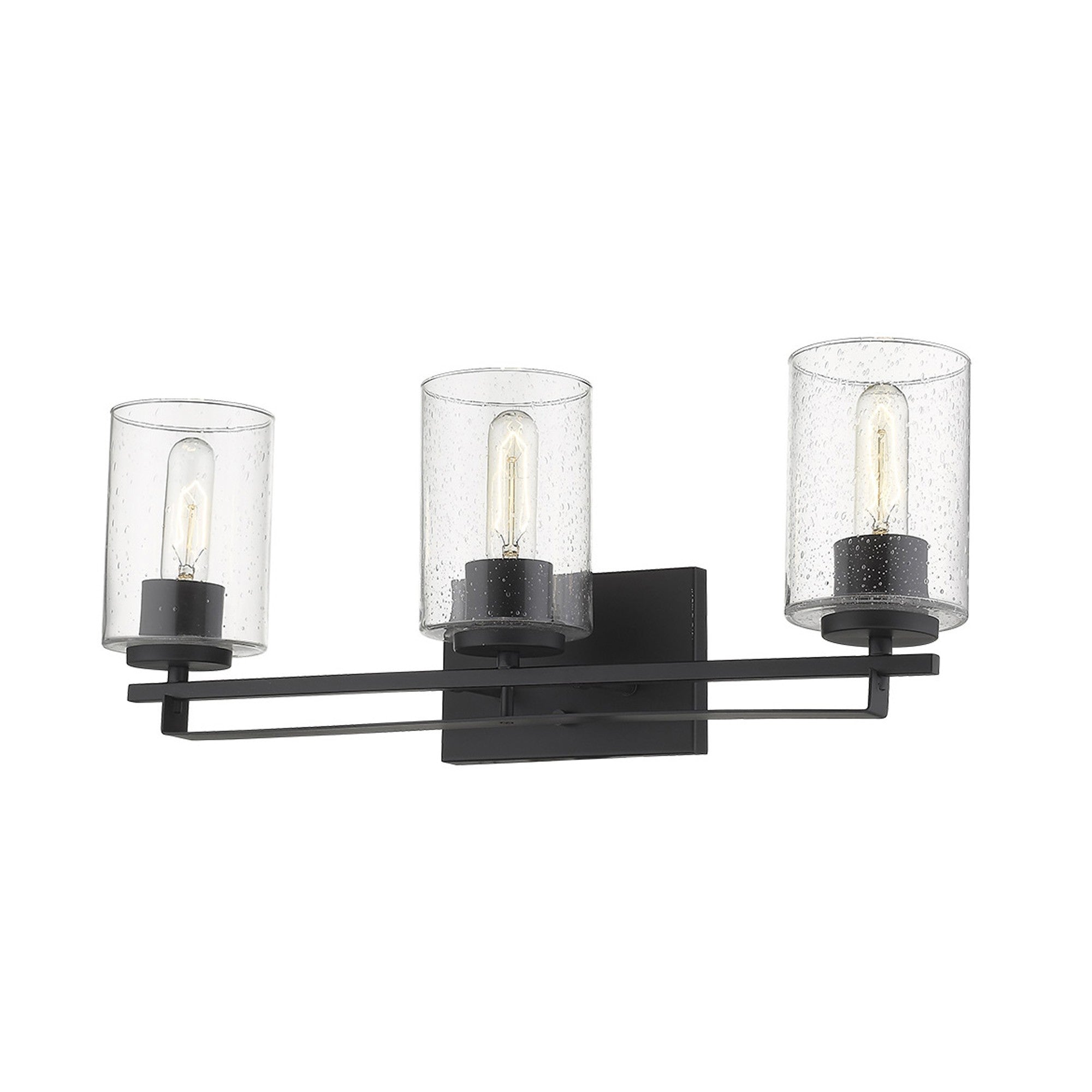 Right side bottom up angle view of lighted Black metal 3-light wall sconce with textured glass shades for modern bathroom, hallway, or living room lighting, 24 inches wide.