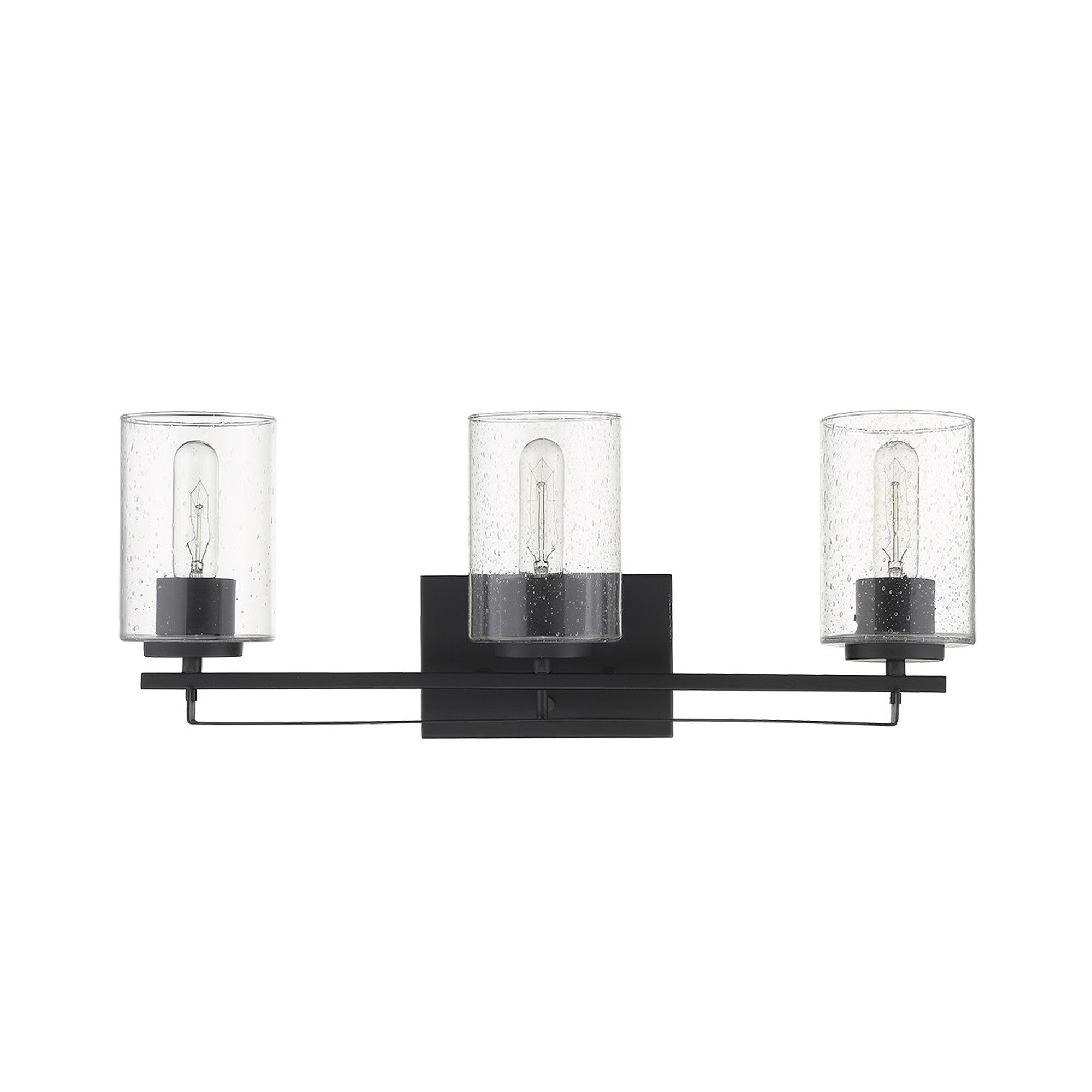 Front view of Black metal 3-light wall sconce with textured glass shades for modern bathroom, hallway, or living room lighting, 24 inches wide.