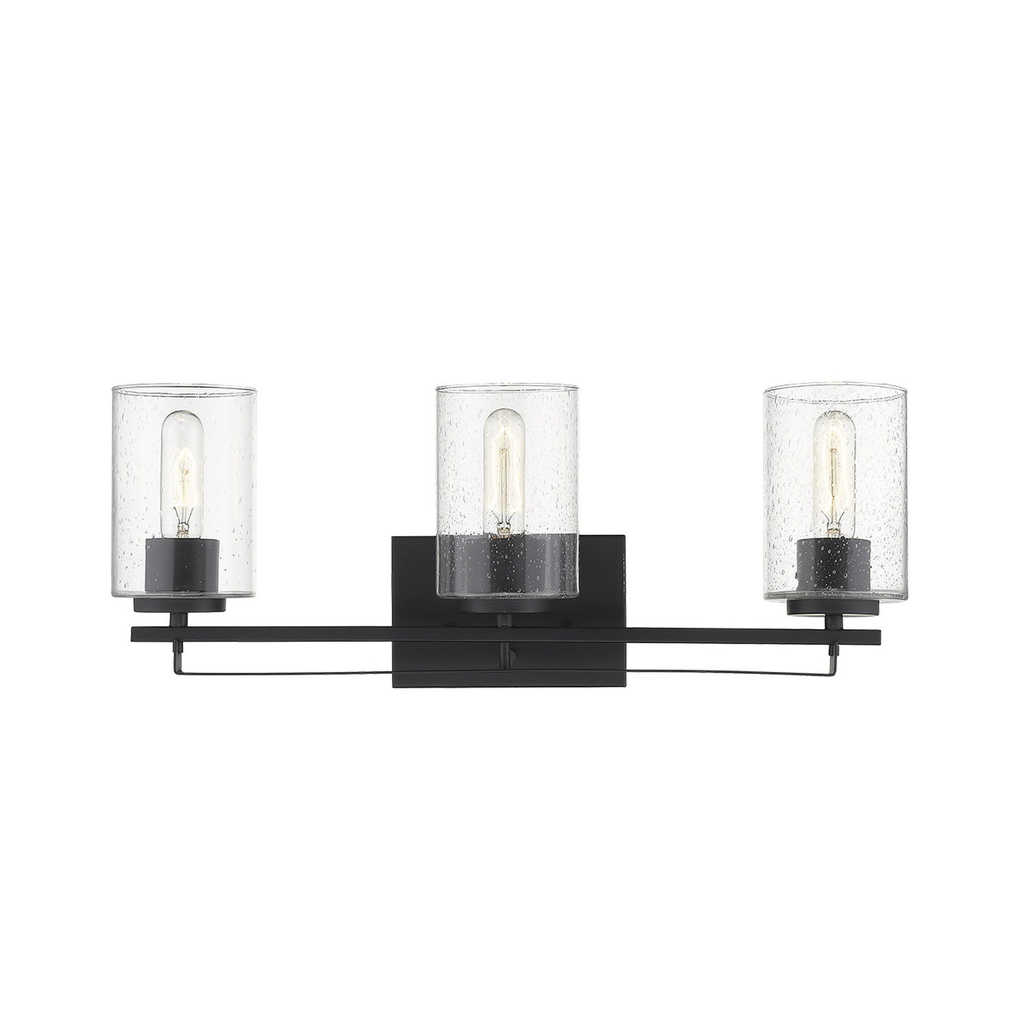 Front view of lighted Black metal 3-light wall sconce with textured glass shades for modern bathroom, hallway, or living room lighting, 24 inches wide.