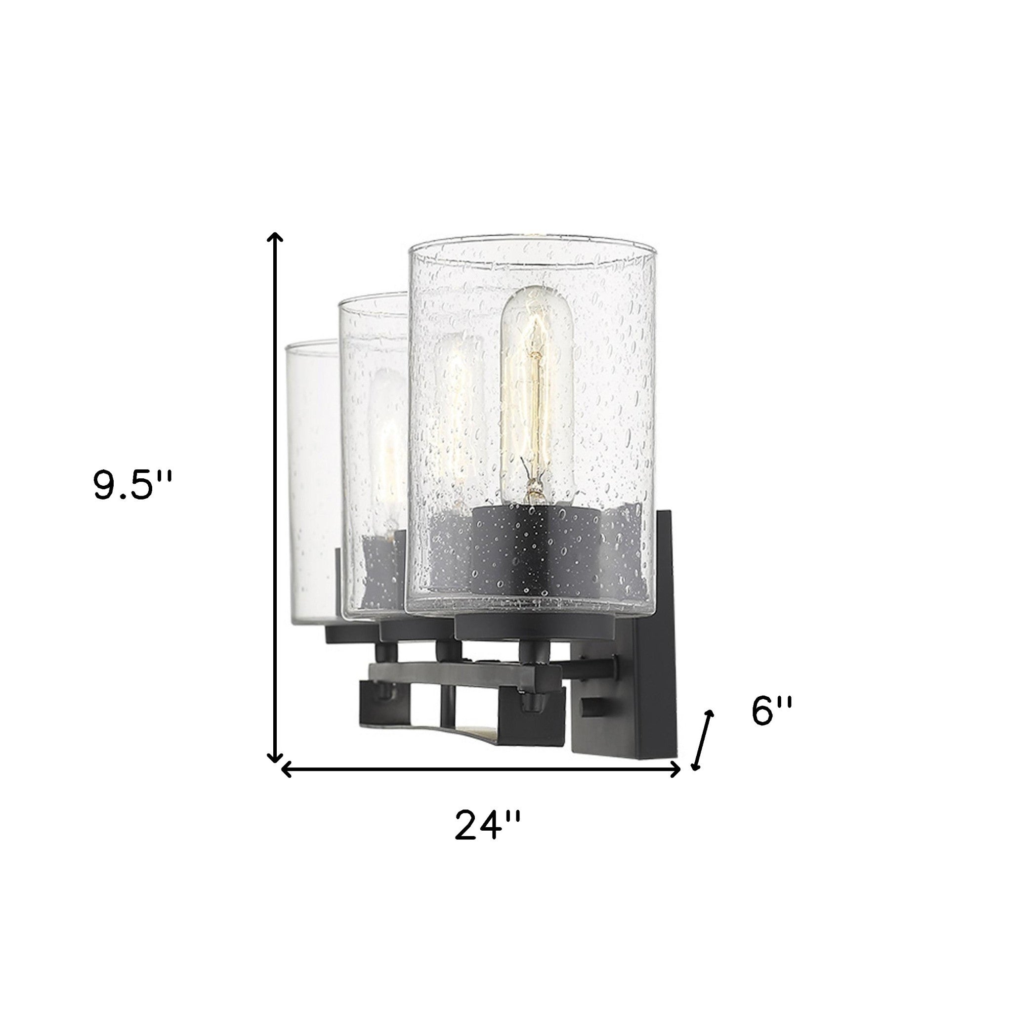 Black metal 3-light wall sconce with textured glass shades for modern bathroom, hallway, or living room lighting shown with dimensions of 9 point 5 inches high by 24 inches wide by 6 inches deep