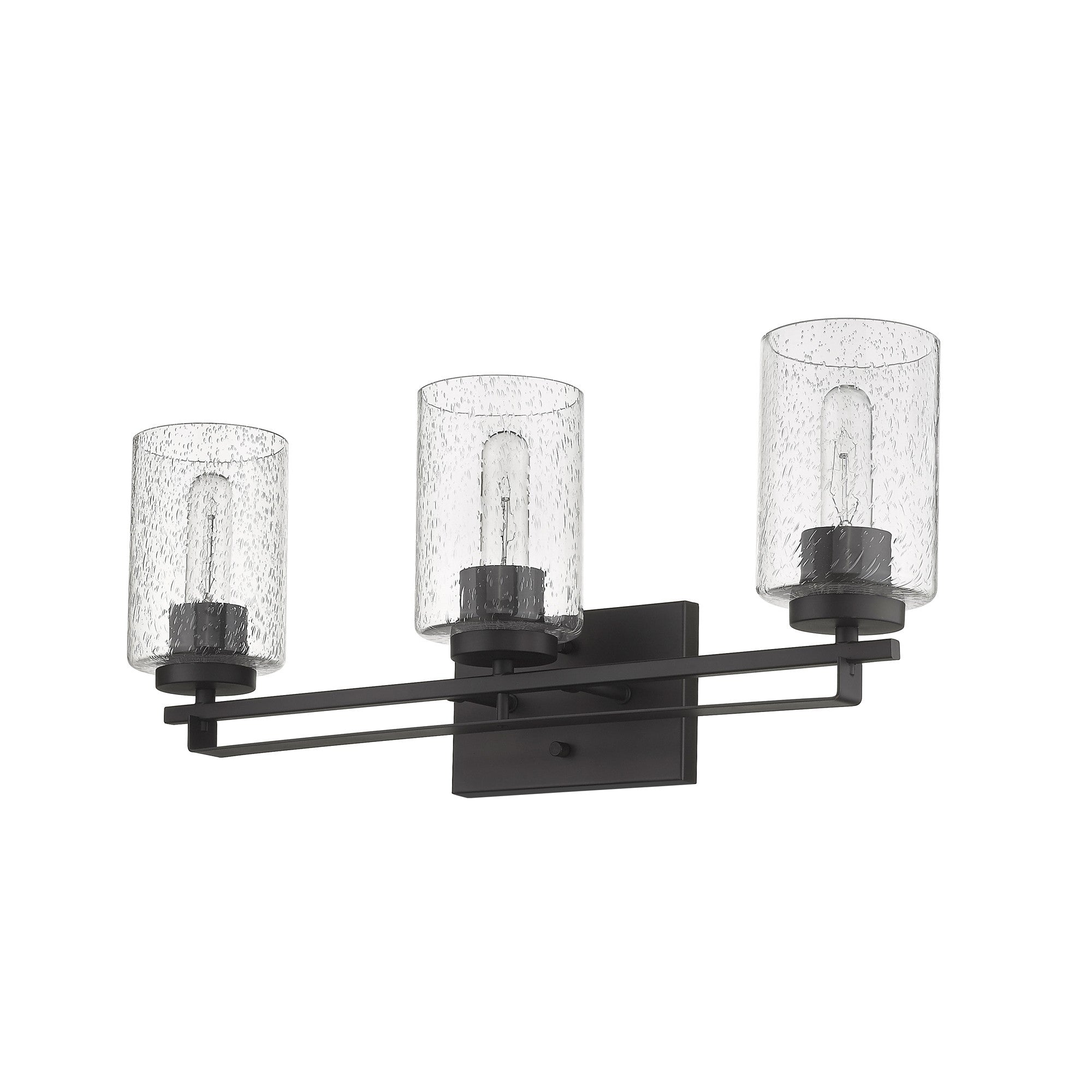 Right side bottom up angle view of the Bronze metal 3-light wall sconce with textured glass shades for modern bathroom, hallway, or living room lighting, 24 inches wide.