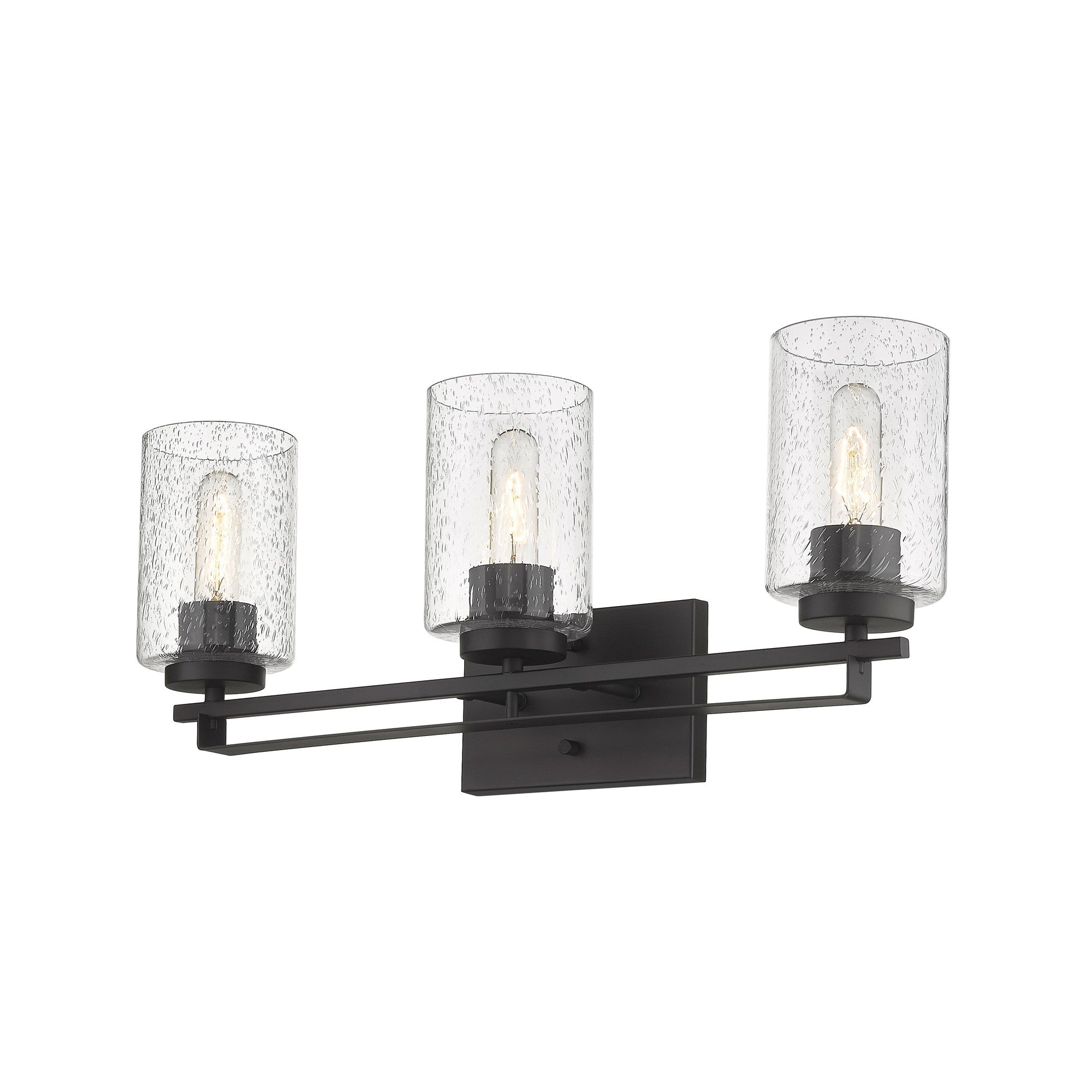 Right side bottom up angle view of the lighted Bronze metal 3-light wall sconce with textured glass shades for modern bathroom, hallway, or living room lighting, 24 inches wide.