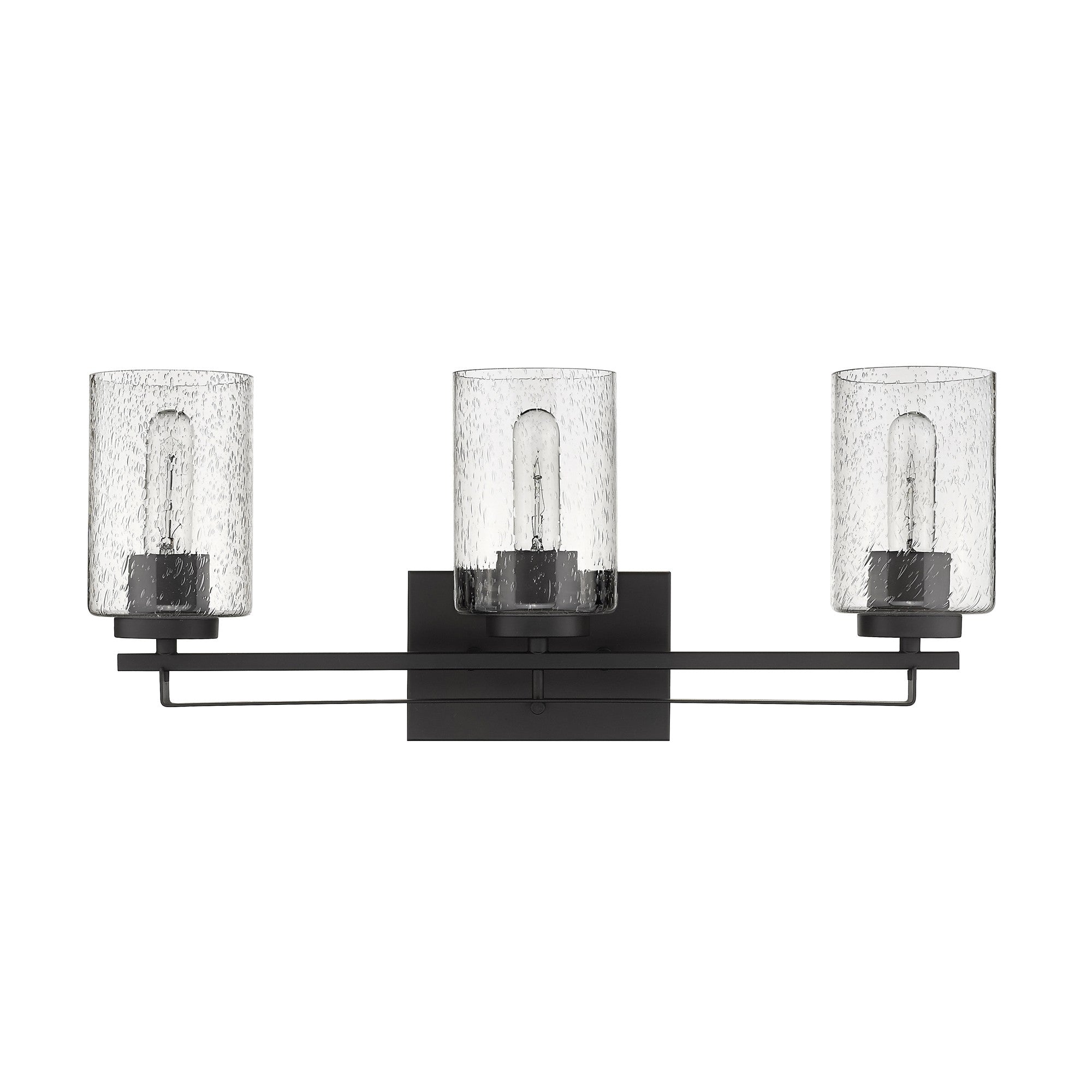 Front view of the Bronze metal 3-light wall sconce with textured glass shades for modern bathroom, hallway, or living room lighting, 24 inches wide.