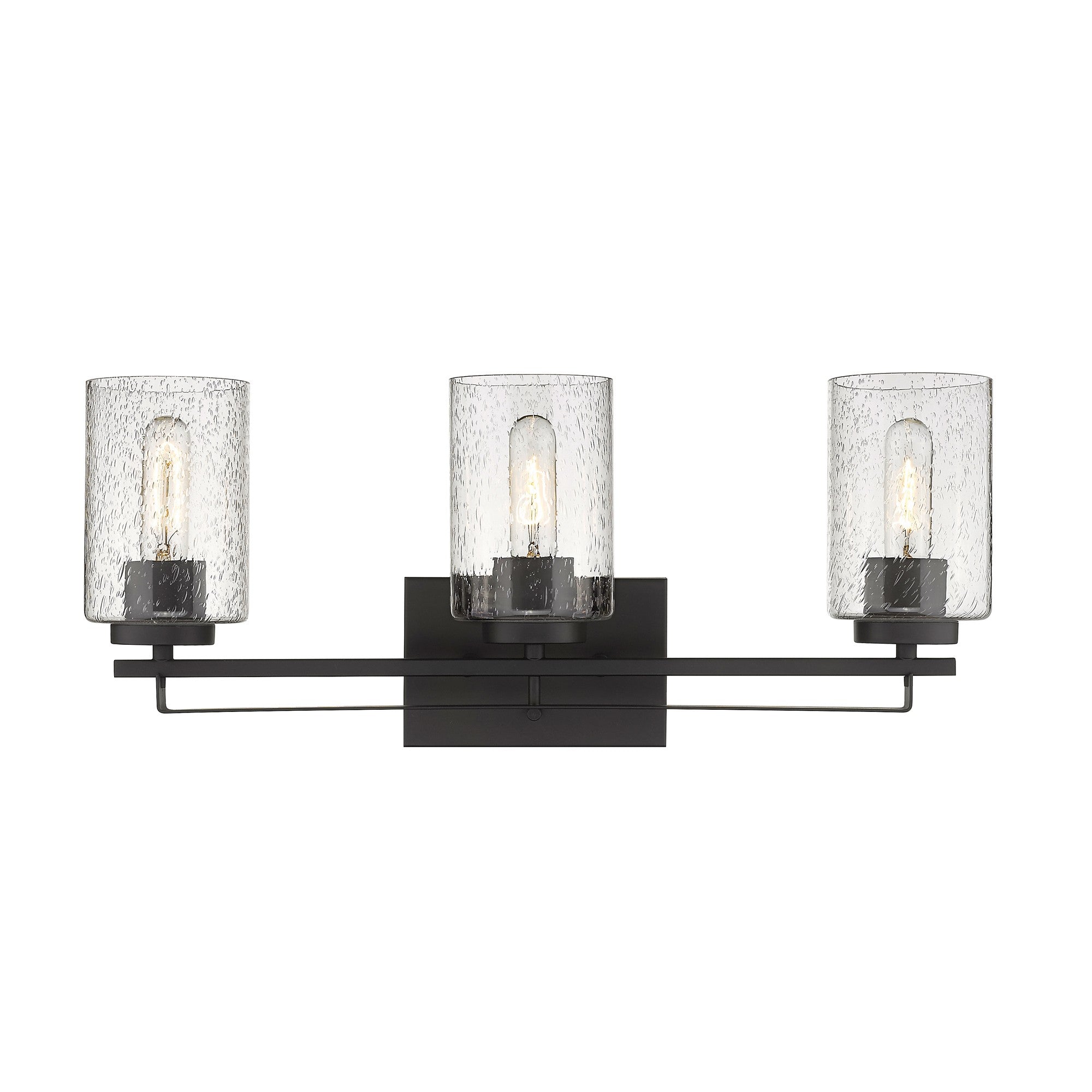 Front view of the lighted Bronze metal 3-light wall sconce with textured glass shades for modern bathroom, hallway, or living room lighting, 24 inches wide.