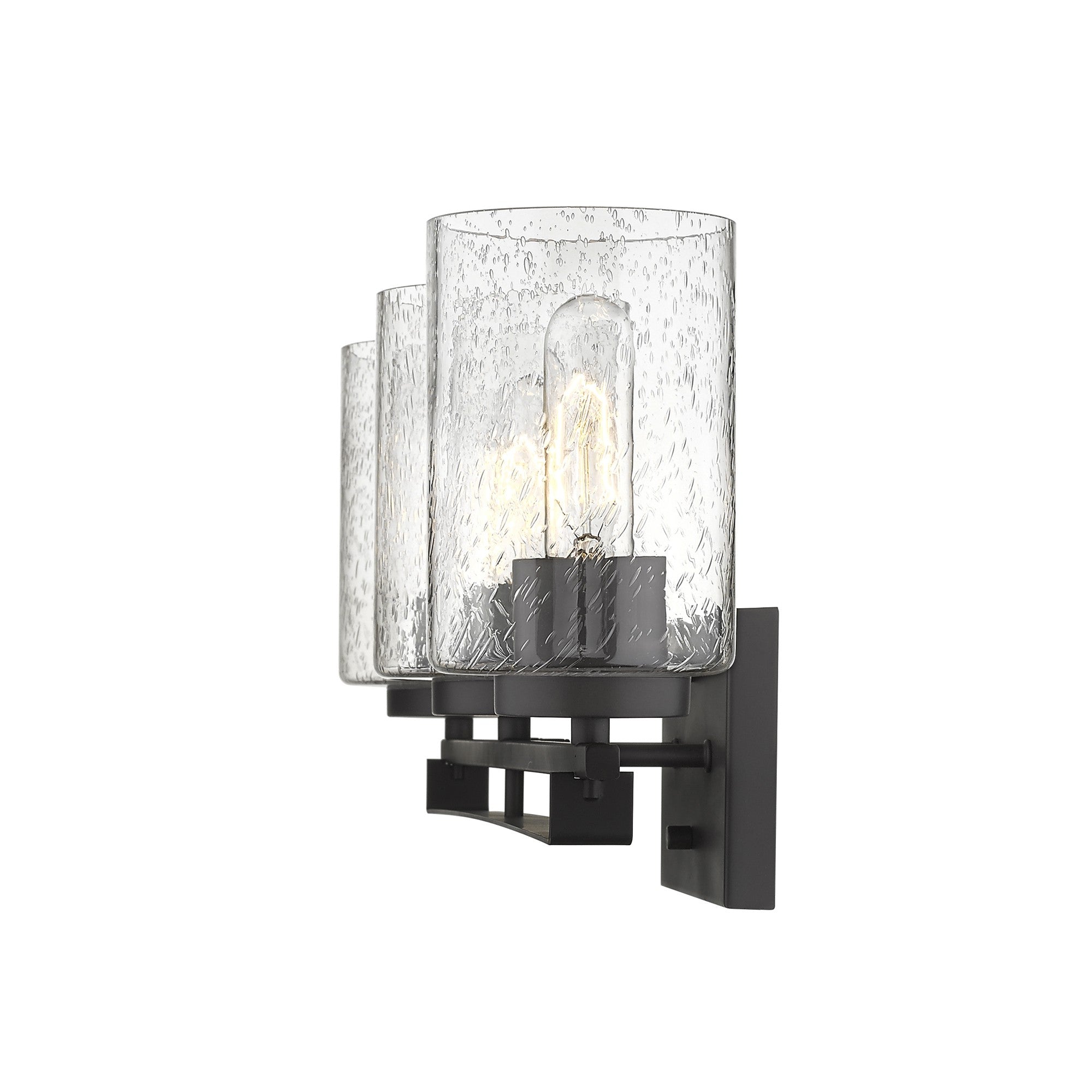 Side view of the lighted Bronze metal 3-light wall sconce with textured glass shades for modern bathroom, hallway, or living room lighting, 24 inches wide.