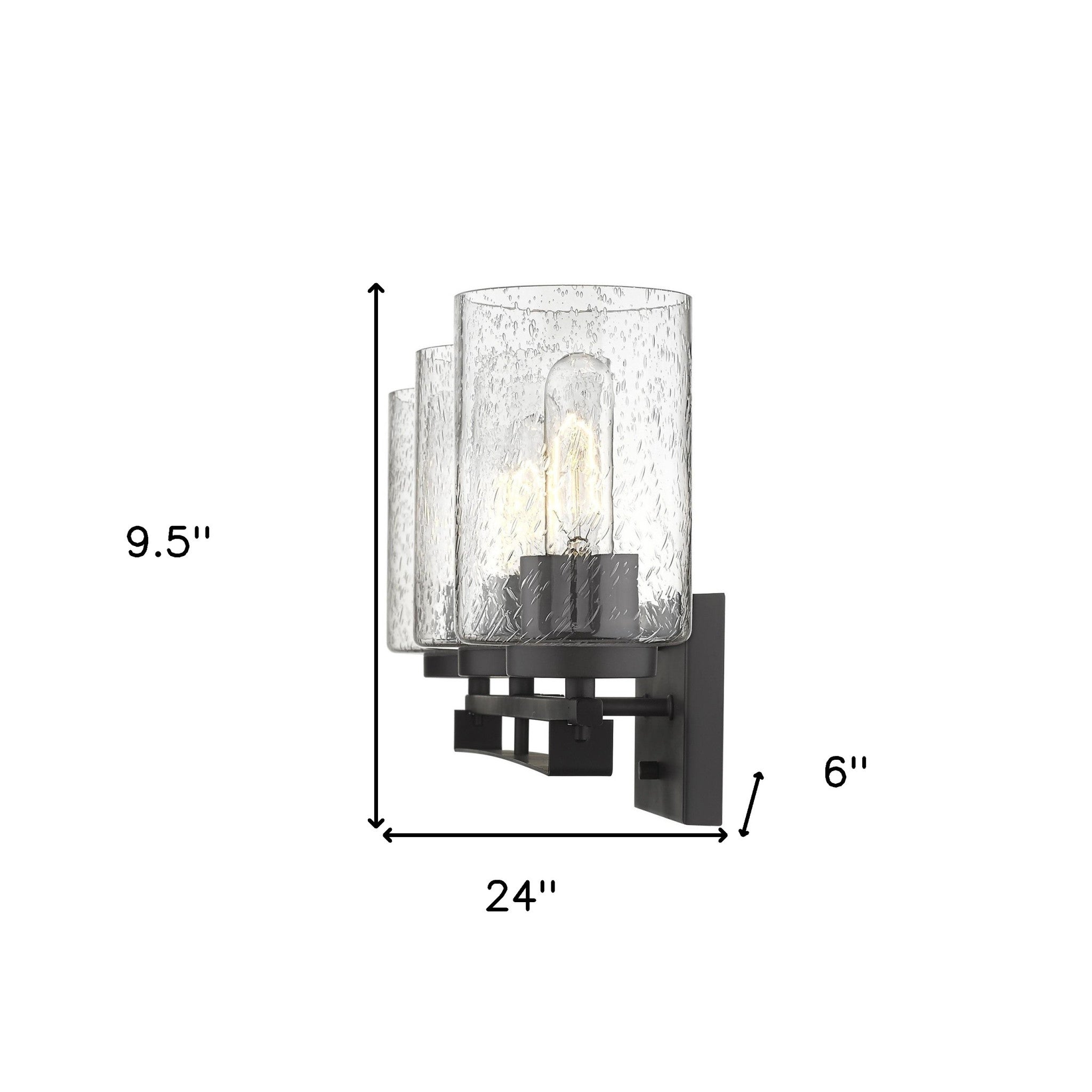 Bronze metal 3-light wall sconce with textured glass shades for modern bathroom, hallway, or living room lighting shown with dimensions of 9 point 5 inches high by 24 inches wide by 6 inches deep