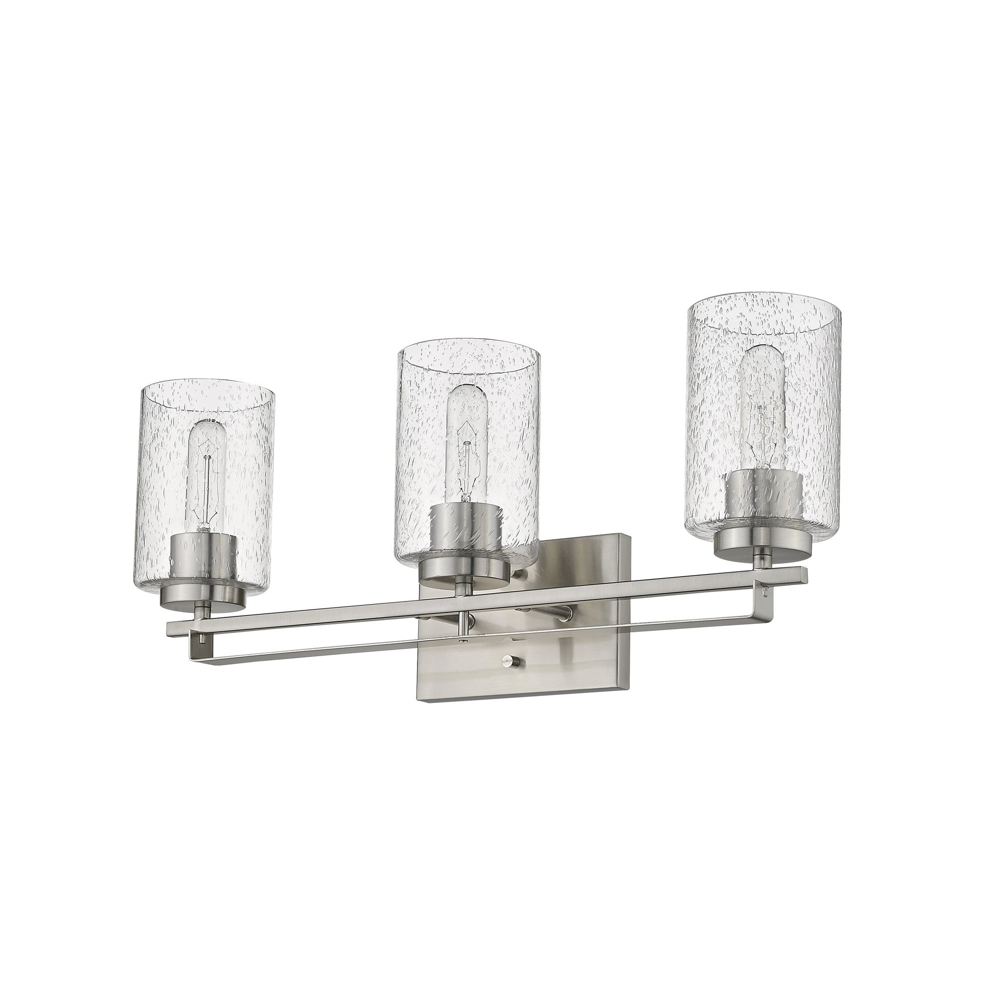 Right side bottom up angle view of the Silver metal 3-light wall sconce with raindrop-textured glass shades for modern bathroom, hallway, or living room lighting, 24 inches wide.