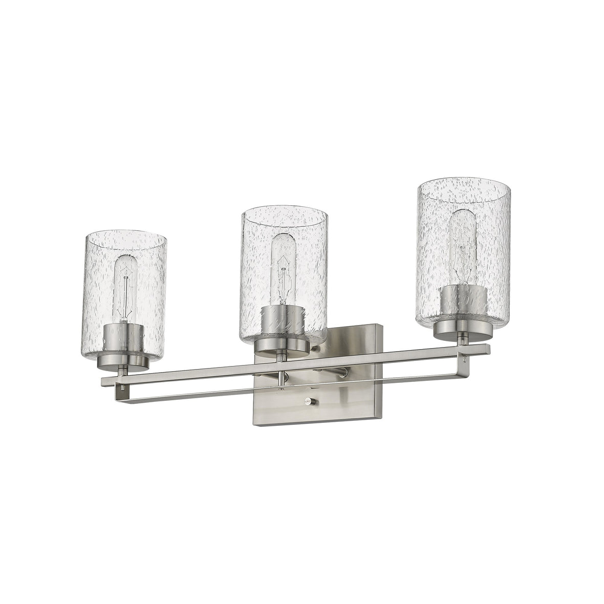 Right side bottom up angle view of the Silver metal 3-light wall sconce with raindrop-textured glass shades for modern bathroom, hallway, or living room lighting, 24 inches wide.