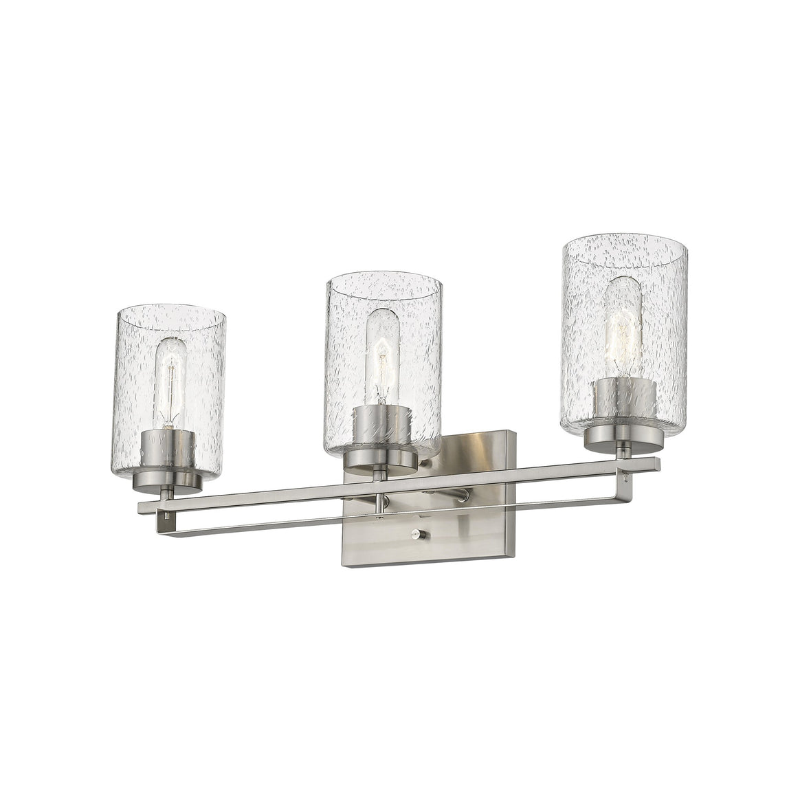 Right side bottom up angle view of the lighted Silver metal 3-light wall sconce with raindrop-textured glass shades for modern bathroom, hallway, or living room lighting, 24 inches wide.