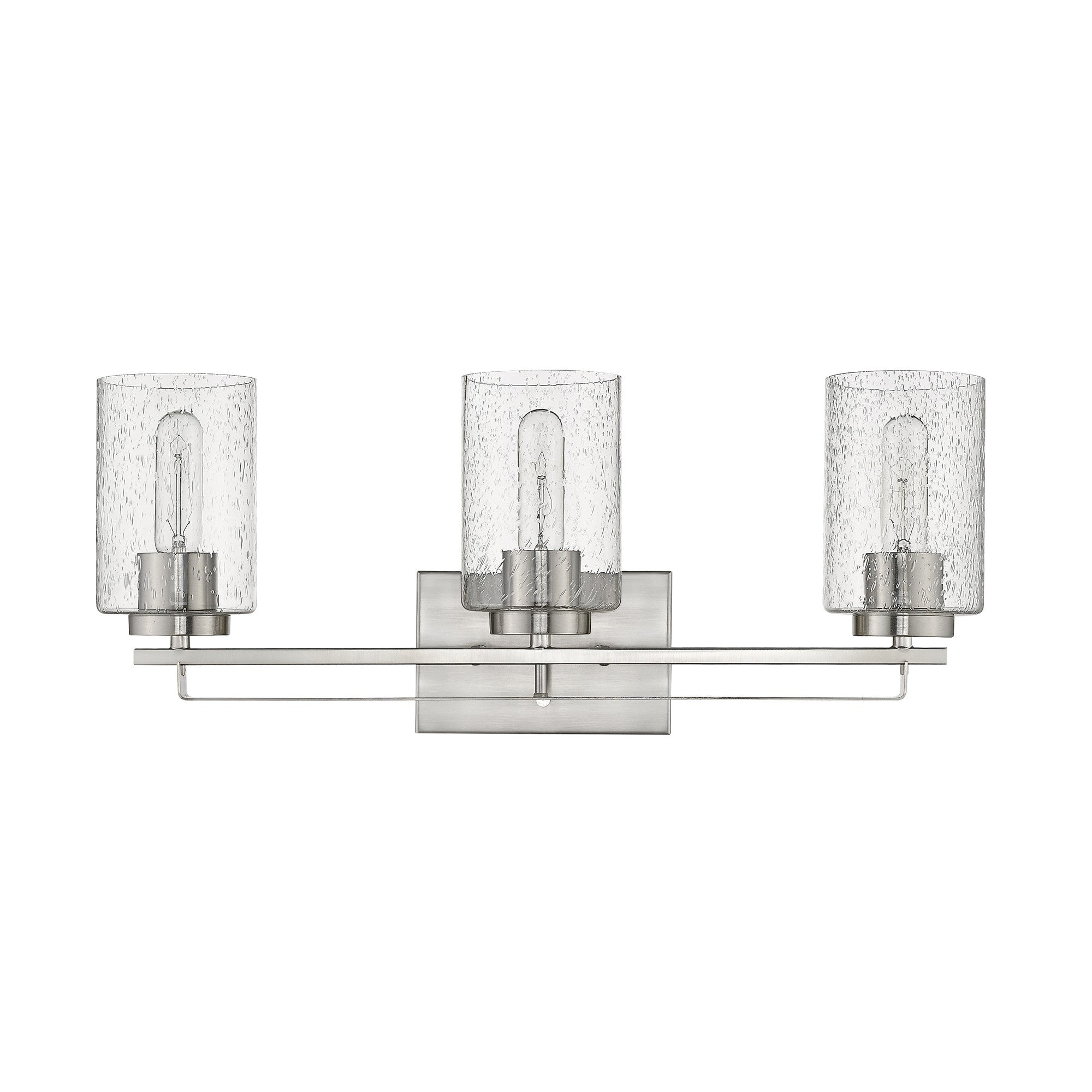 Front view of the Silver metal 3-light wall sconce with raindrop-textured glass shades for modern bathroom, hallway, or living room lighting, 24 inches wide.