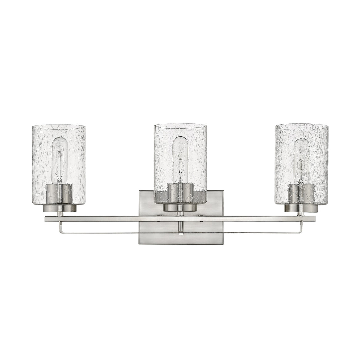 Front view of the Silver metal 3-light wall sconce with raindrop-textured glass shades for modern bathroom, hallway, or living room lighting, 24 inches wide.