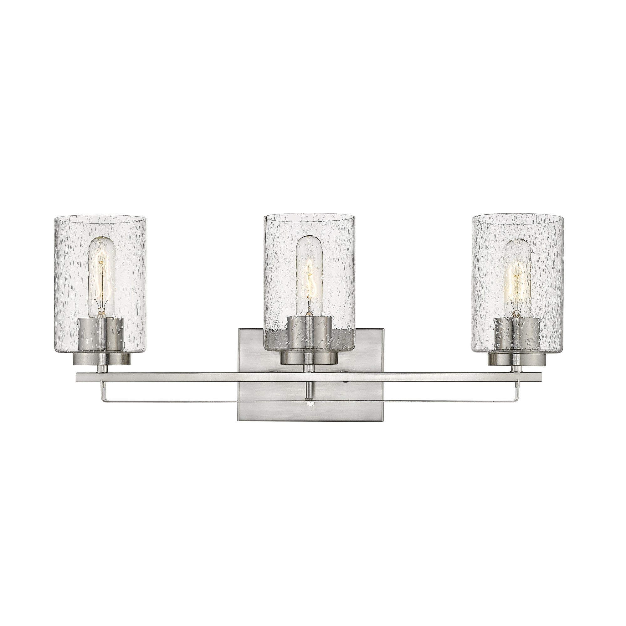 Front view of the lighted Silver metal 3-light wall sconce with raindrop-textured glass shades for modern bathroom, hallway, or living room lighting, 24 inches wide.