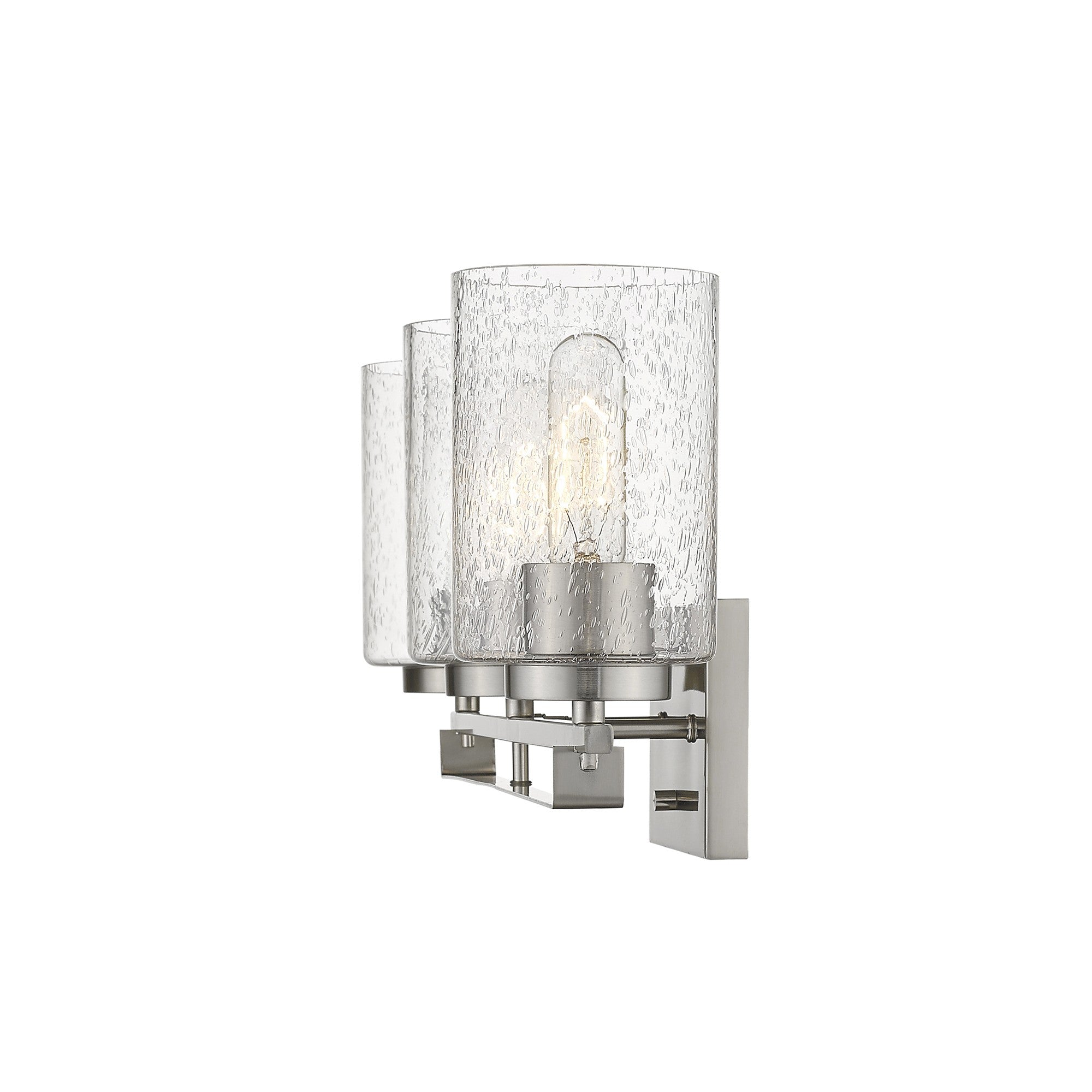 Side view of the lighted Silver metal 3-light wall sconce with raindrop-textured glass shades for modern bathroom, hallway, or living room lighting, 24 inches wide.