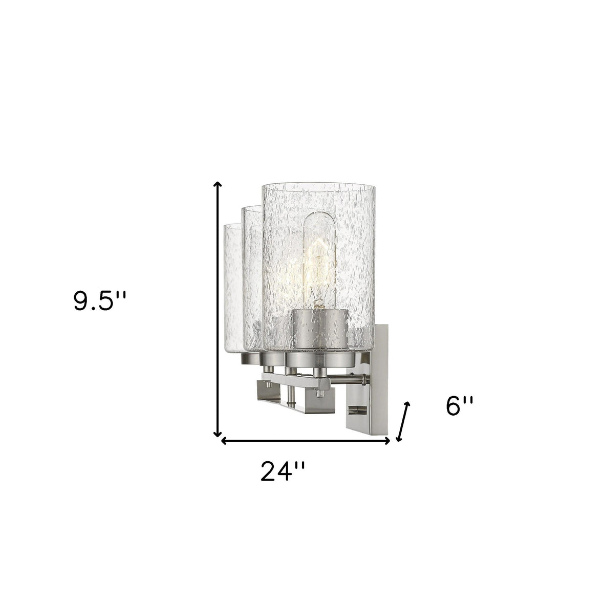 Silver metal 3-light wall sconce with raindrop-textured glass shades for modern bathroom, hallway, or living room lighting shown with dimensions of 9 point 5 inches high by 24 inches wide by 6 inches deep