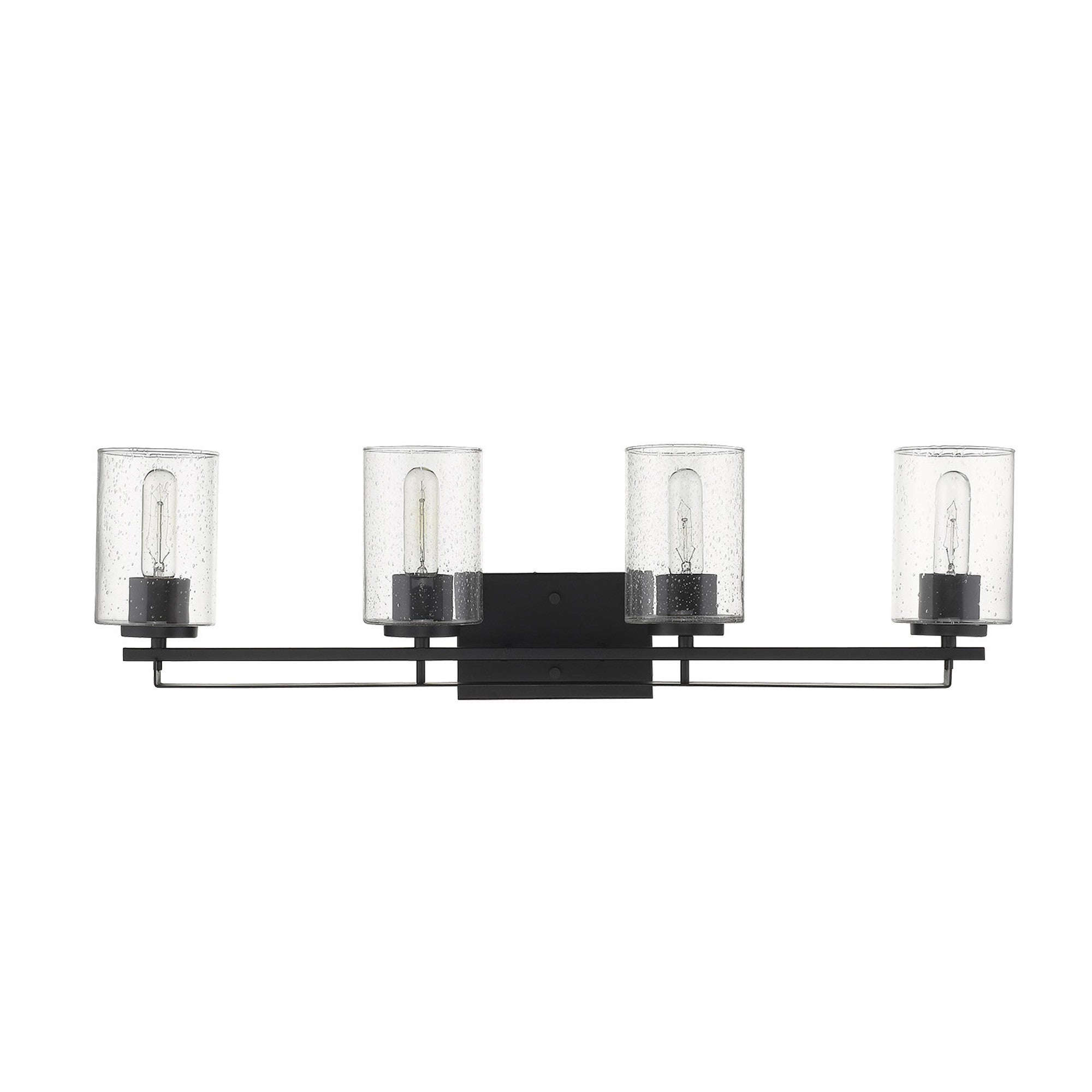 Front view of the Orella 4-light matte black sconce with clear seedy glass shades for modern wall lighting, 32 inches wide, dimmable, mount up or down.