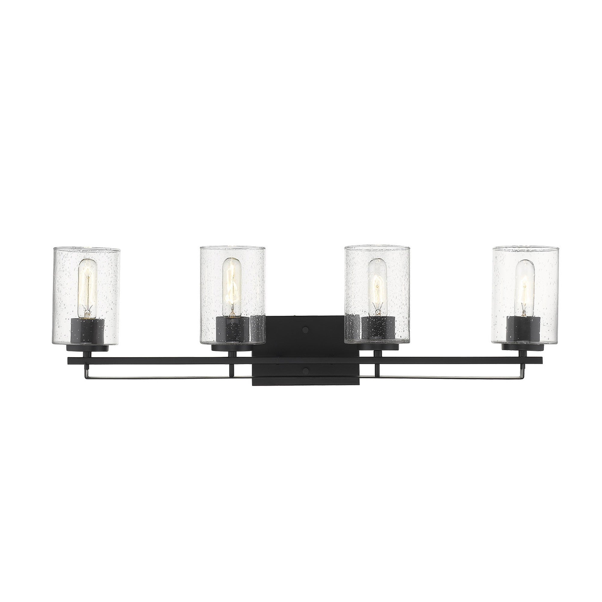 Front view of the lighted Orella 4-light matte black sconce with clear seedy glass shades for modern wall lighting, 32 inches wide, dimmable, mount up or down.