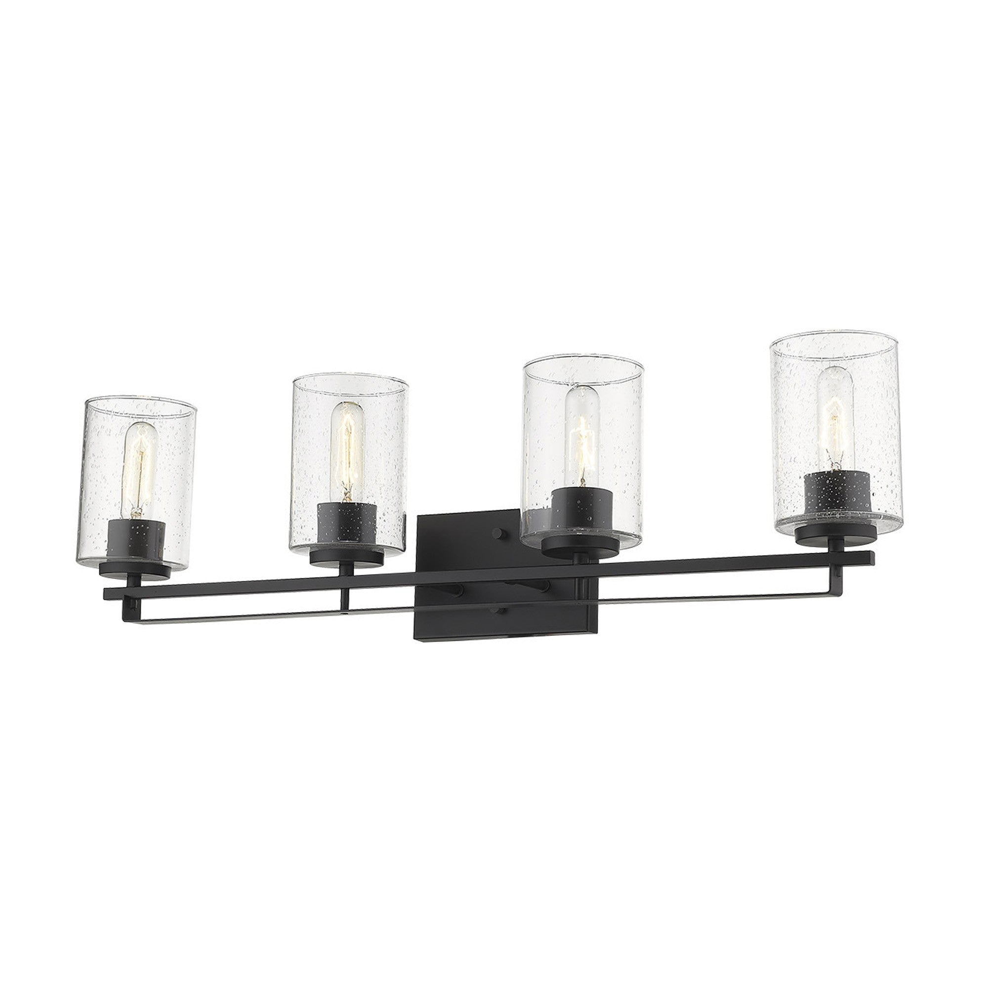 Right side bottom up angle view of the Orella 4-light matte black sconce with clear seedy glass shades for modern wall lighting, 32 inches wide, dimmable, mount up or down.