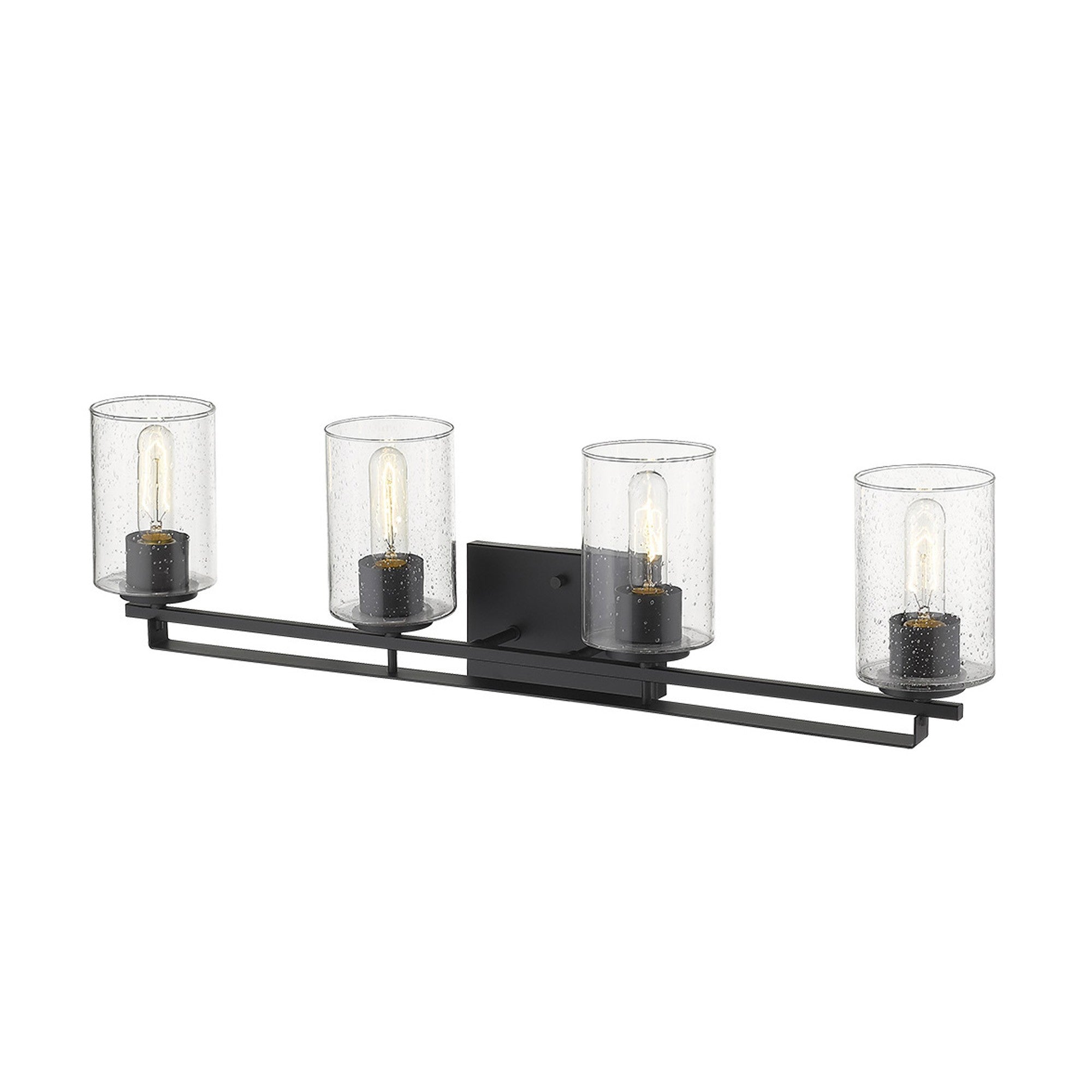 Left side bottom up angle view of the Orella 4-light matte black sconce with clear seedy glass shades for modern wall lighting, 32 inches wide, dimmable, mount up or down.