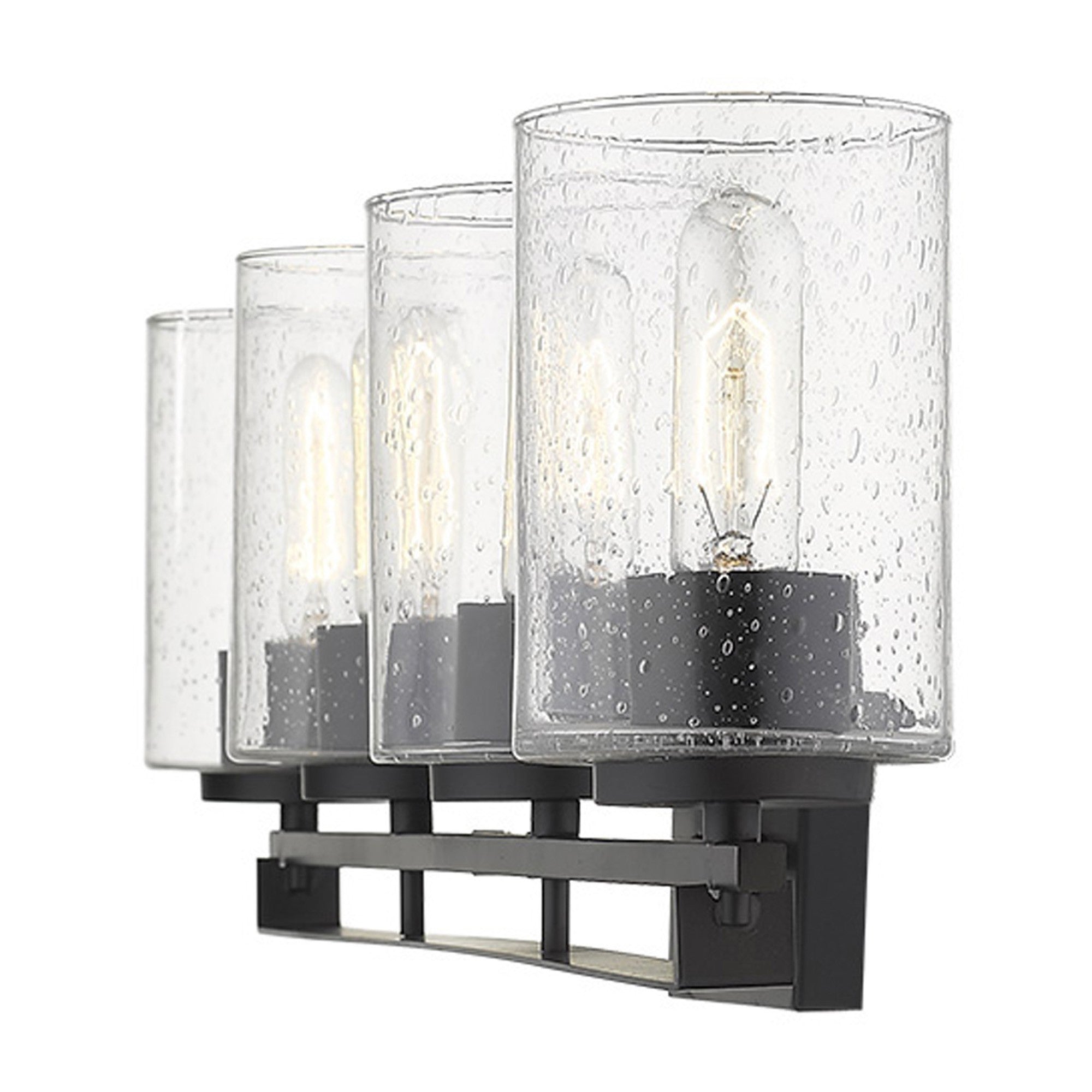 Side view of the lighted Orella 4-light matte black sconce with clear seedy glass shades for modern wall lighting, 32 inches wide, dimmable, mount up or down.