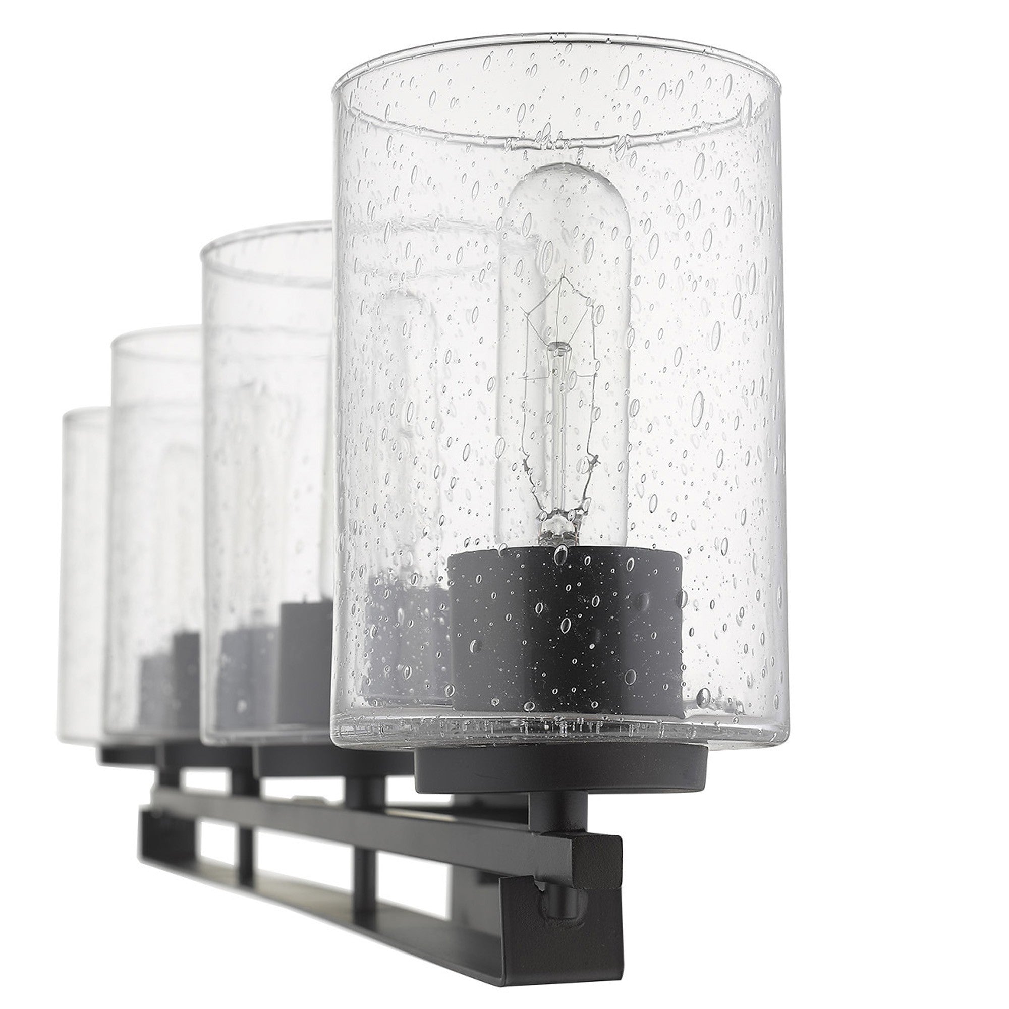 SIde view of the Orella 4-light matte black sconce with clear seedy glass shades for modern wall lighting, 32 inches wide, dimmable, mount up or down.