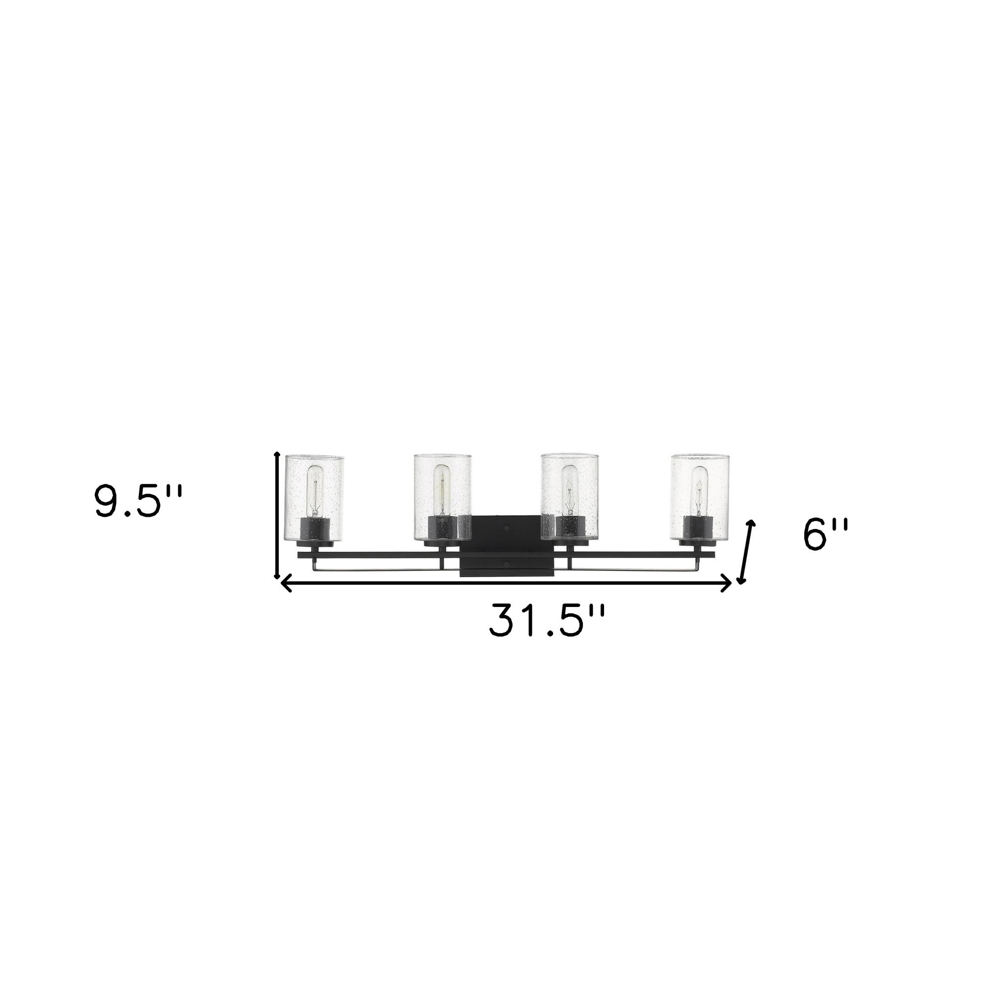 Orella 4-light matte black sconce with clear seedy glass shades for modern wall lighting, dimmable, mount up or down shown with dimensions of 9 point 5 inches high by 31 point 5 inches wide by 6 inches deep