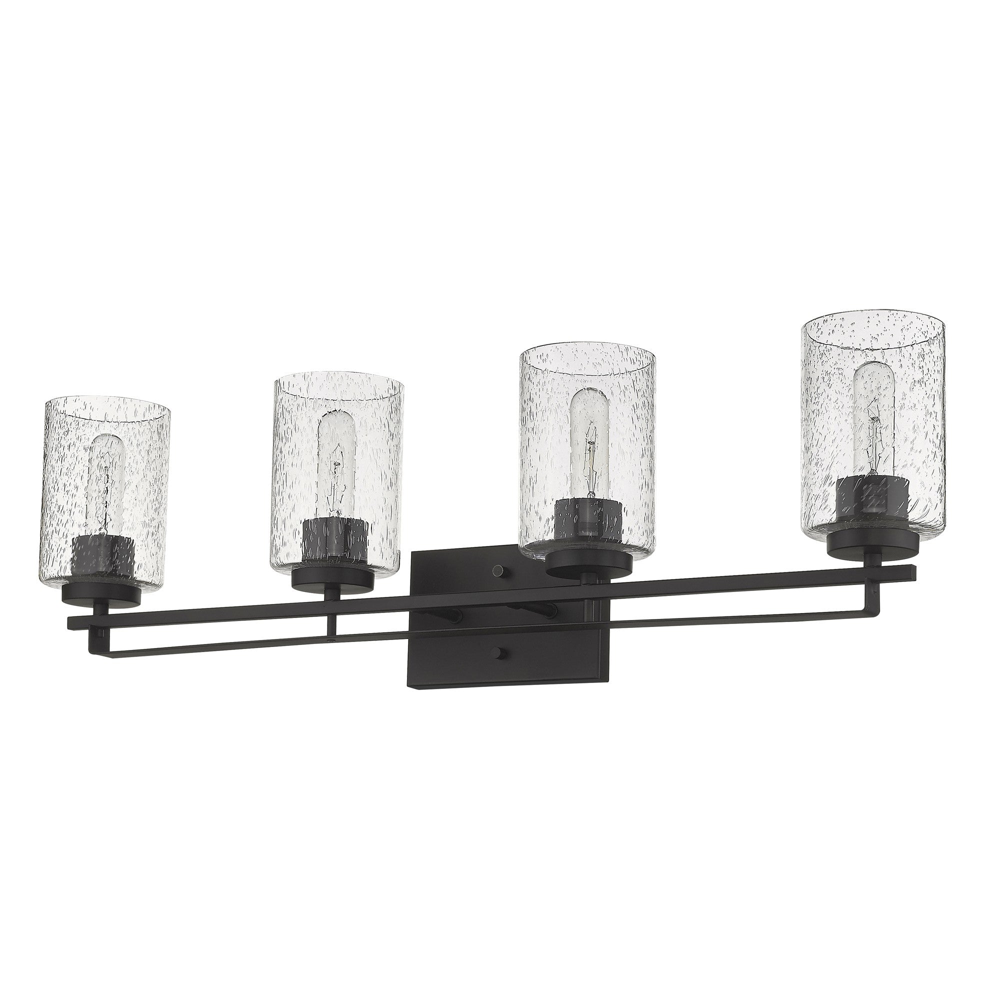 Right side bottom up angle view of the Orella 4-light oil-rubbed bronze vanity with clear seedy glass shades for modern bathroom lighting, 32 inches wide, dimmable, mount up or down.