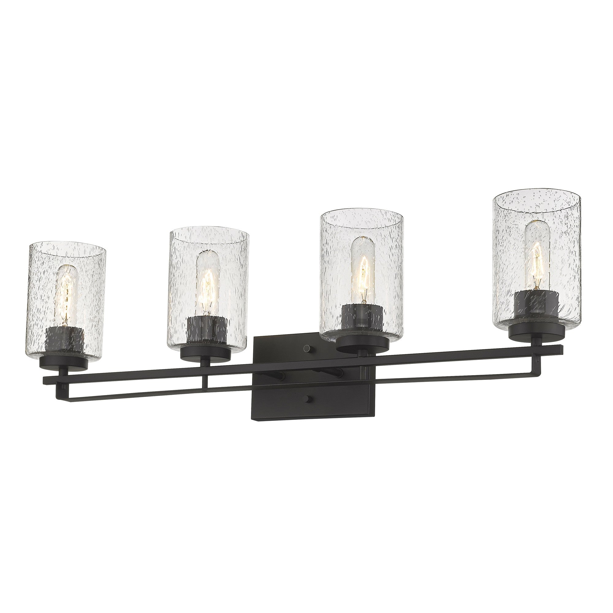 Right side bottom up angle view of the lighted Orella 4-light oil-rubbed bronze vanity with clear seedy glass shades for modern bathroom lighting, 32 inches wide, dimmable, mount up or down.