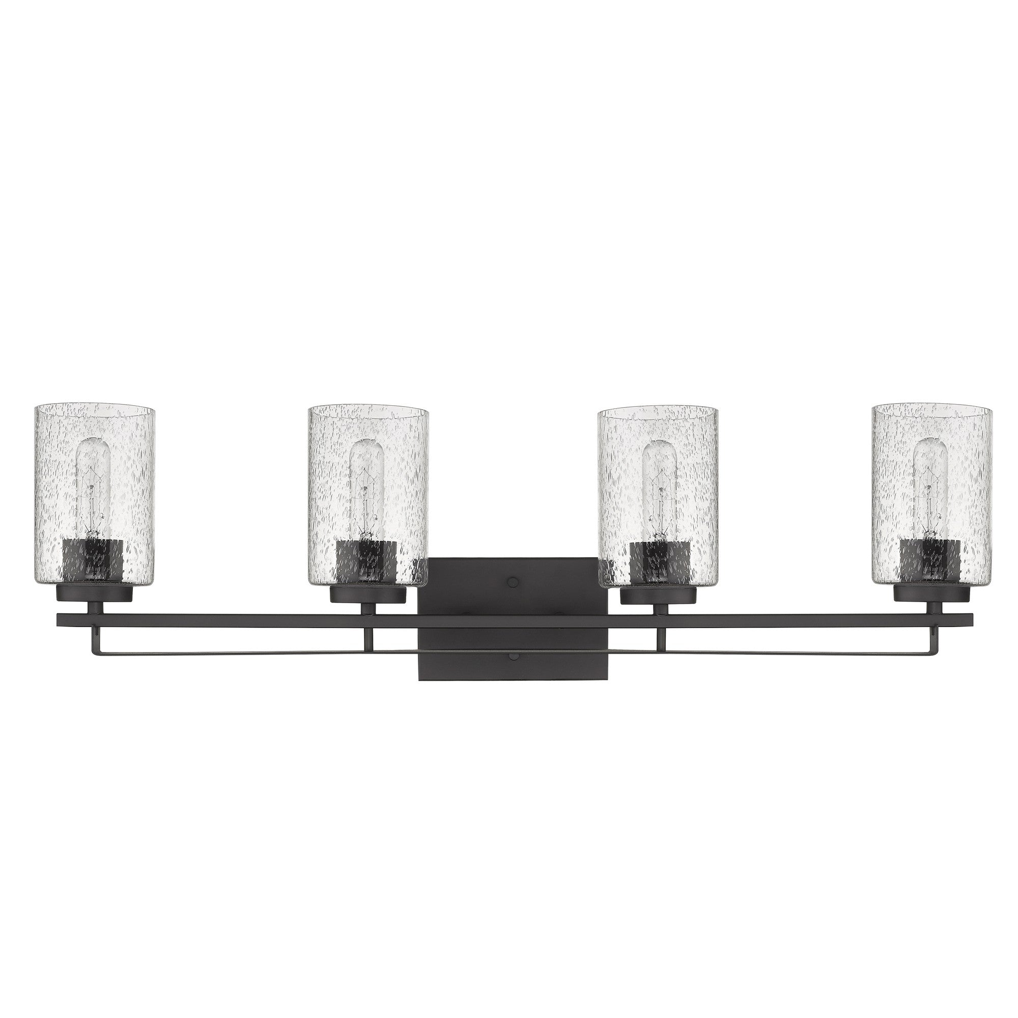 Front view of the Orella 4-light oil-rubbed bronze vanity with clear seedy glass shades for modern bathroom lighting, 32 inches wide, dimmable, mount up or down.