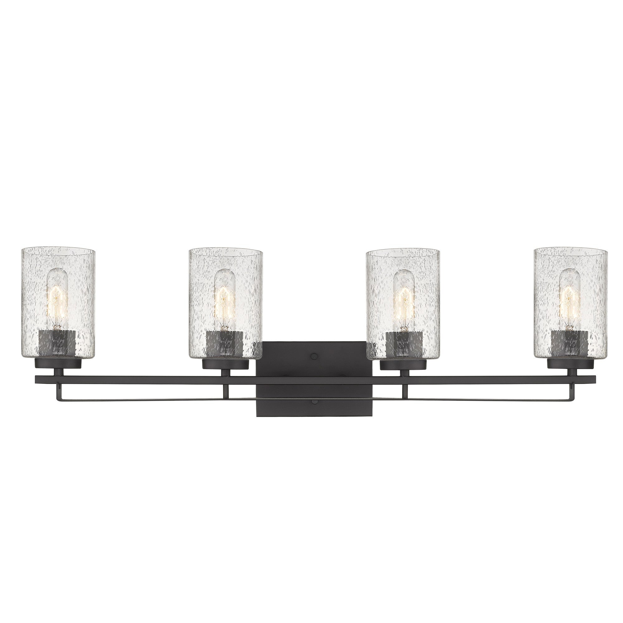Front view of the lighted Orella 4-light oil-rubbed bronze vanity with clear seedy glass shades for modern bathroom lighting, 32 inches wide, dimmable, mount up or down.