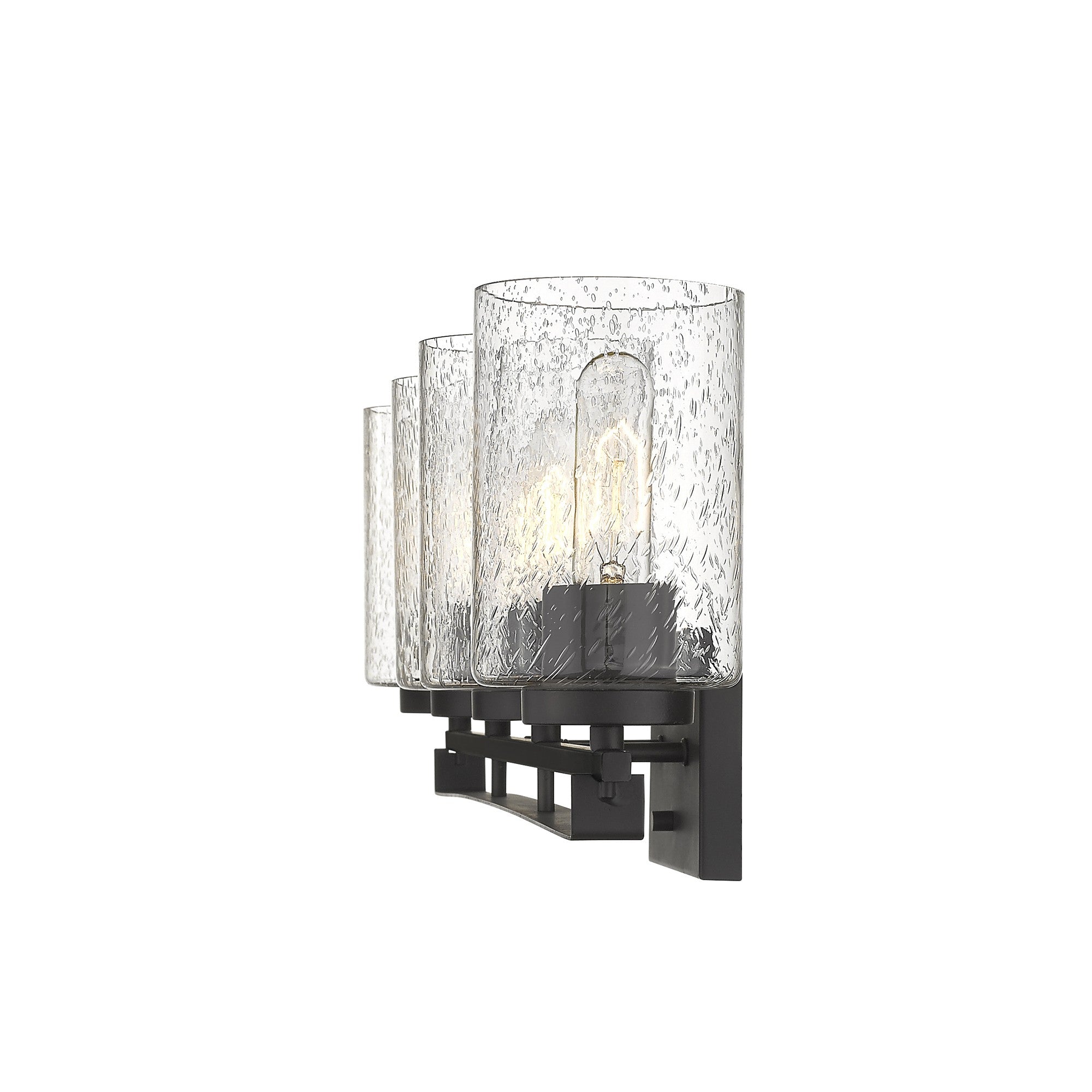 Side view of the lighted Orella 4-light oil-rubbed bronze vanity with clear seedy glass shades for modern bathroom lighting, 32 inches wide, dimmable, mount up or down.