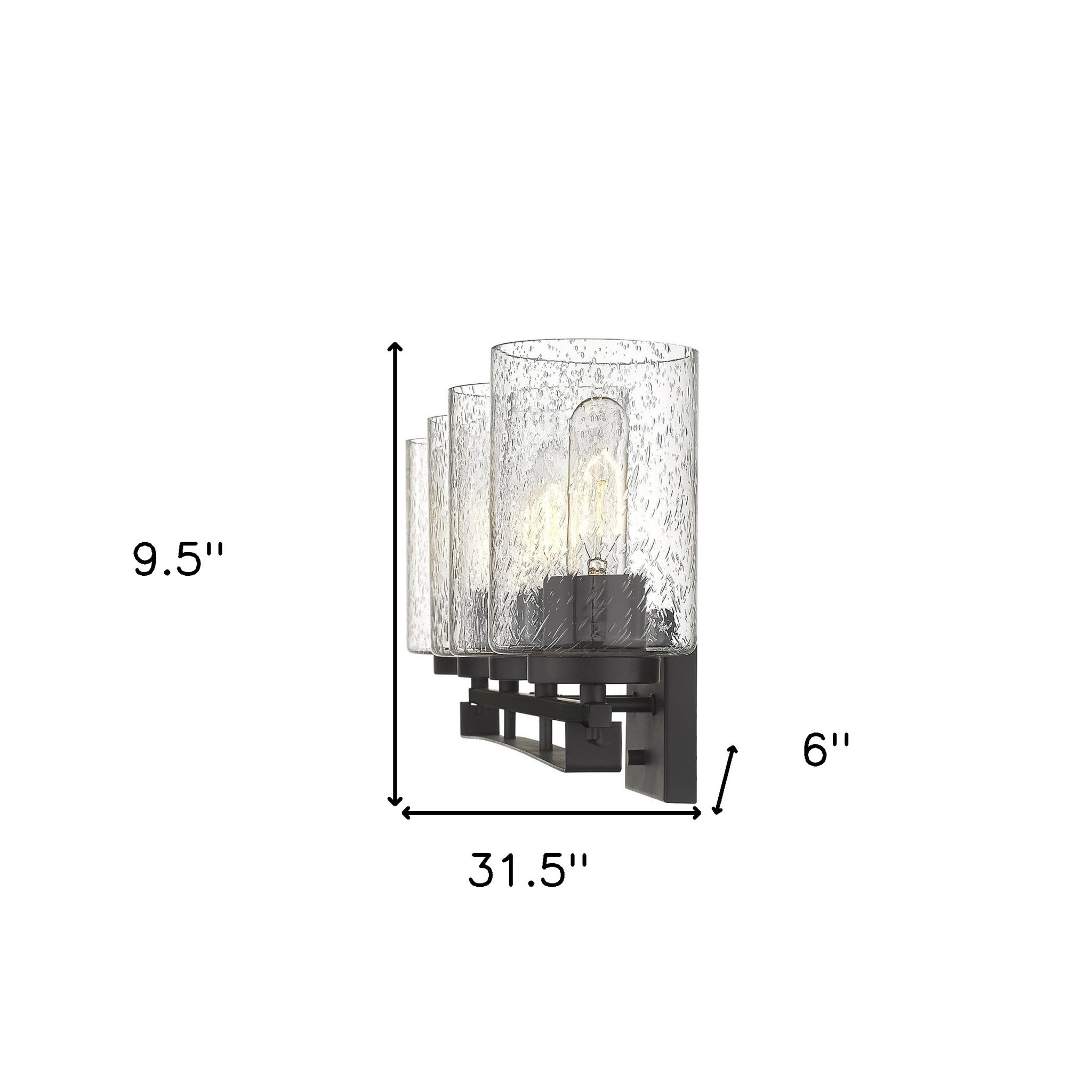 Orella 4-light oil-rubbed bronze vanity with clear seedy glass shades for modern bathroom lighting, dimmable, mount up or down shown with dimensions of 9 point 5 inches high by 31 point 5 inches wide by 6 inches deep