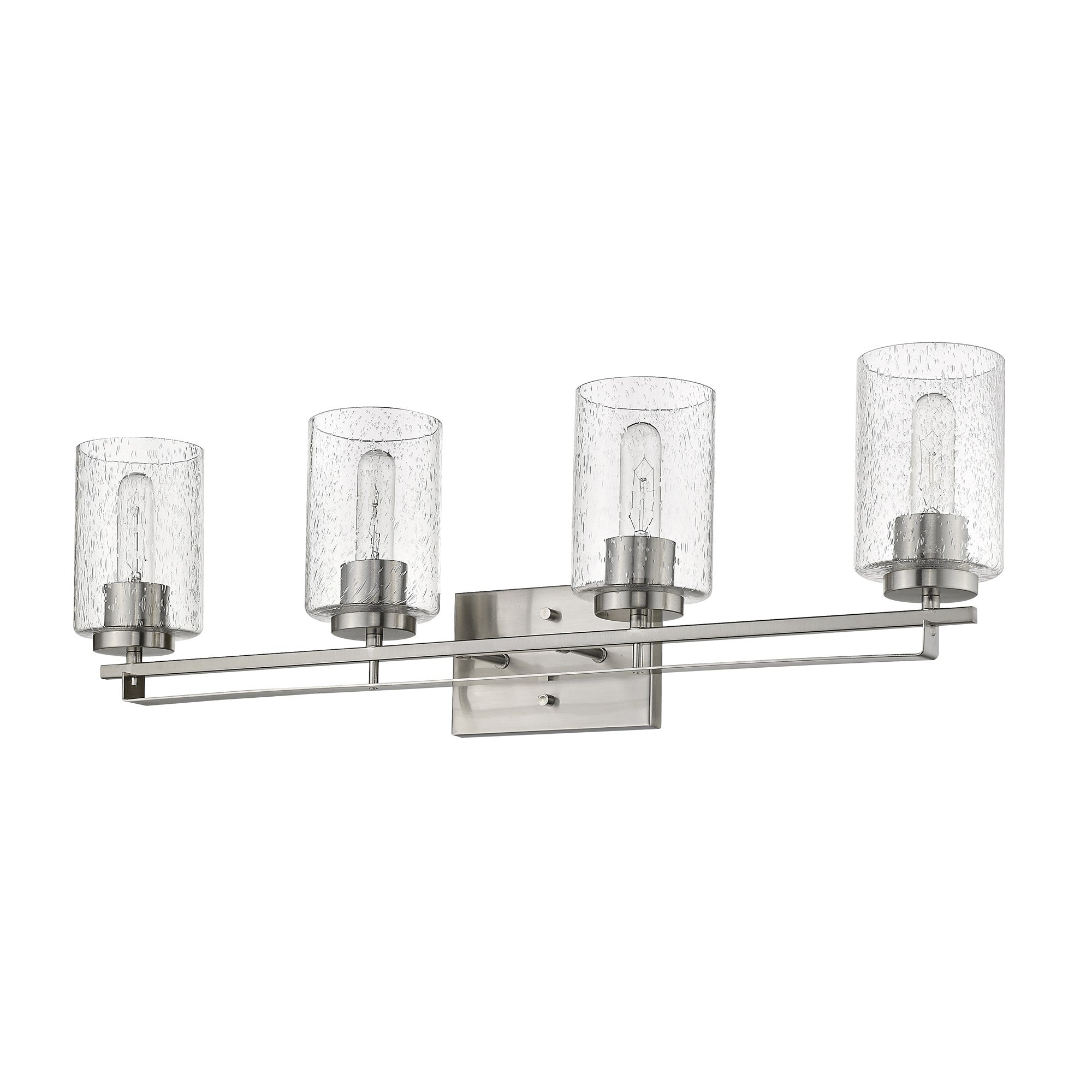 Right side angle view of the Orella 4-light satin nickel vanity with clear seedy glass shades for modern bathroom lighting, 32 inches wide, dimmable, mount up or down.