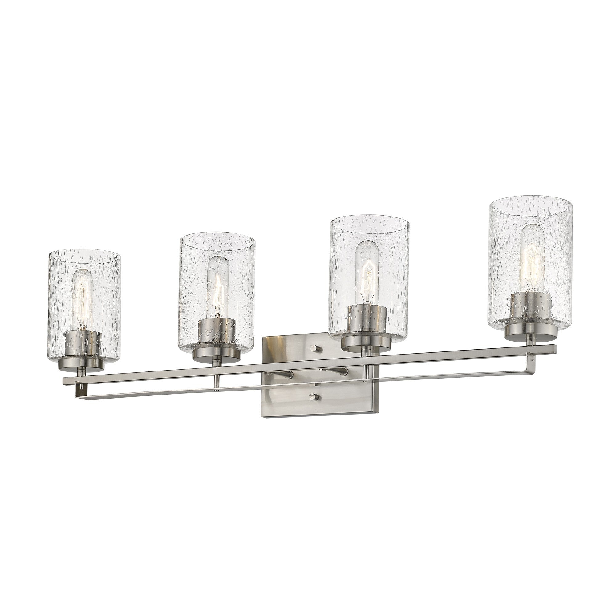 Right side angle view of the lighted Orella 4-light satin nickel vanity with clear seedy glass shades for modern bathroom lighting, 32 inches wide, dimmable, mount up or down.