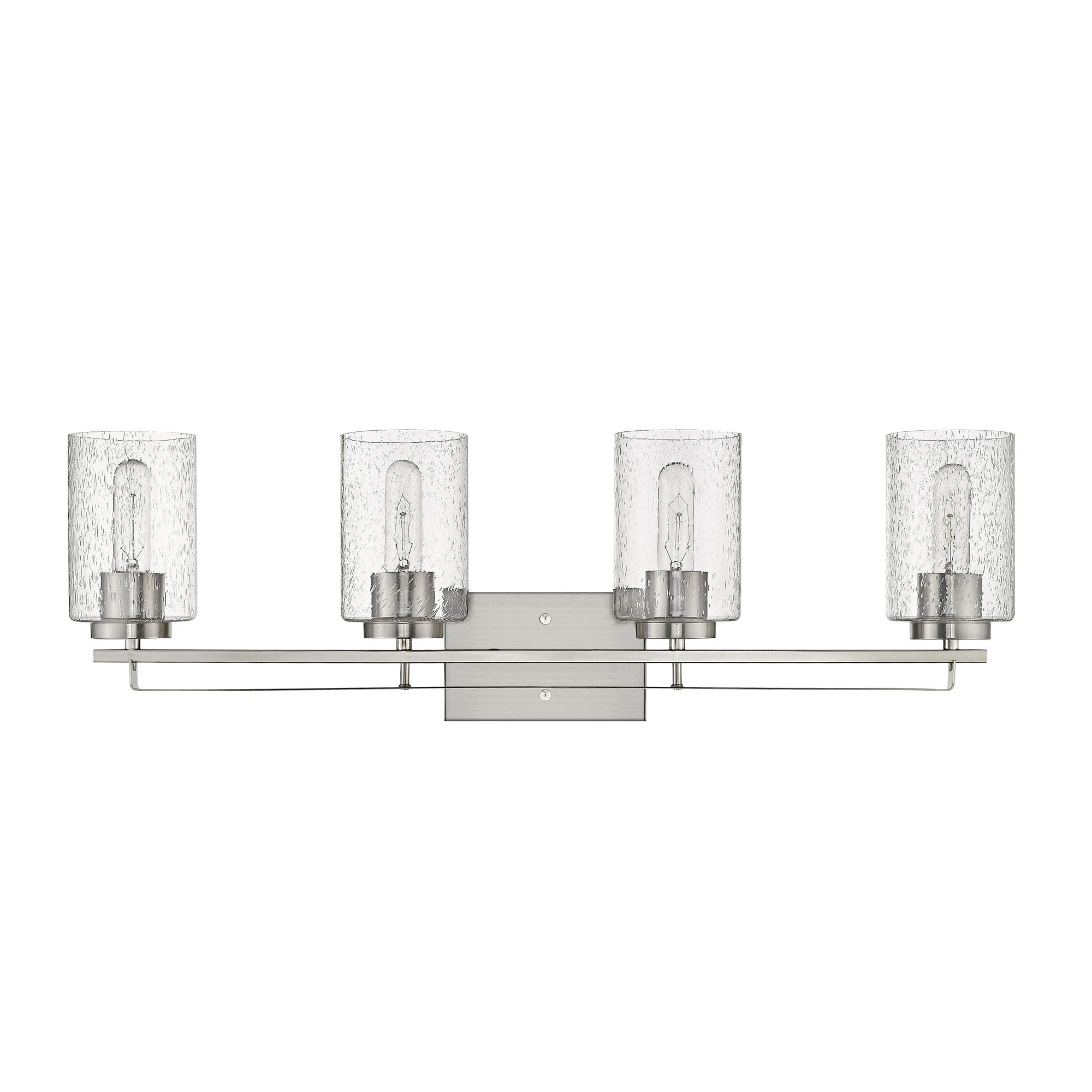 Front view of the Orella 4-light satin nickel vanity with clear seedy glass shades for modern bathroom lighting, 32 inches wide, dimmable, mount up or down.