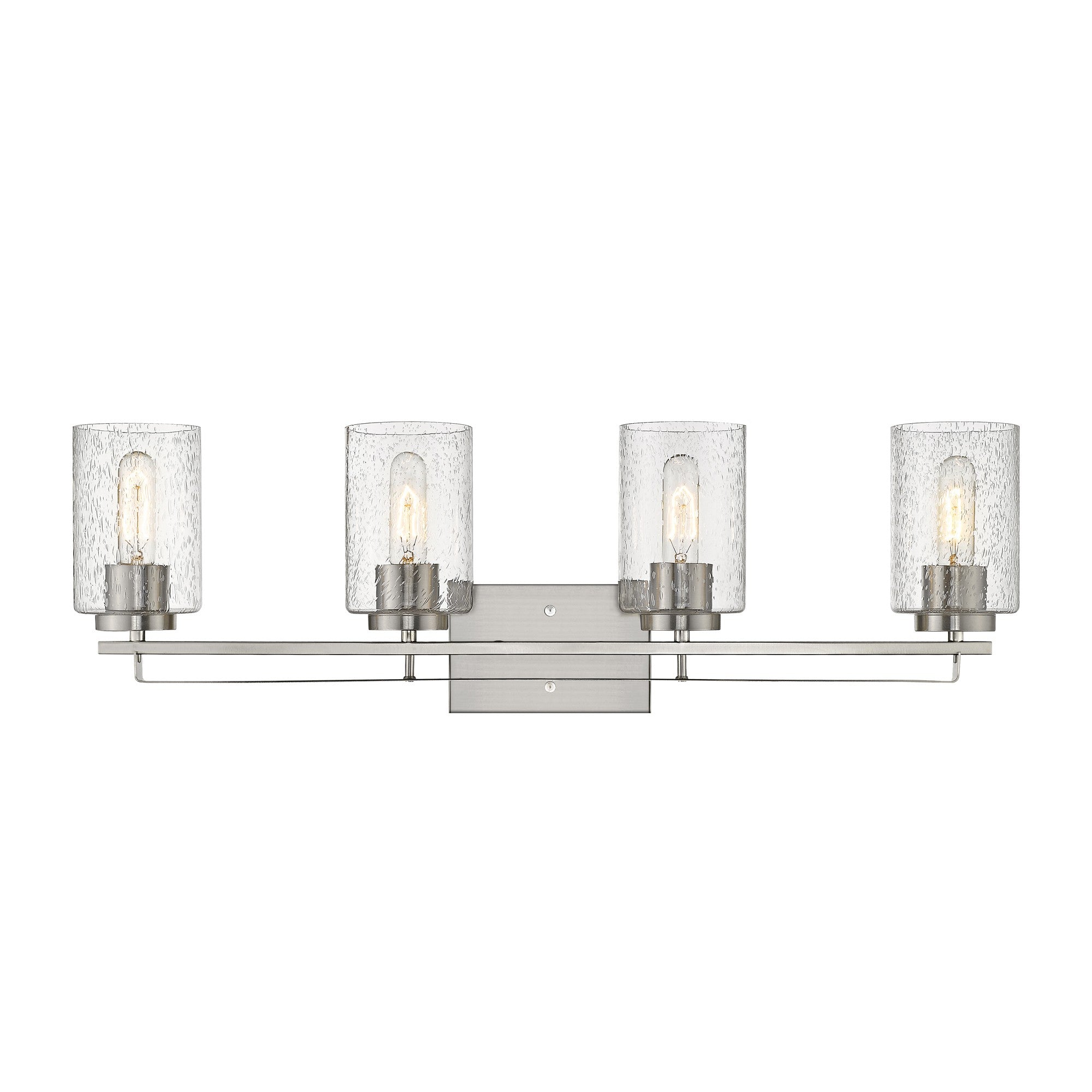 Front view of the lighted Orella 4-light satin nickel vanity with clear seedy glass shades for modern bathroom lighting, 32 inches wide, dimmable, mount up or down.